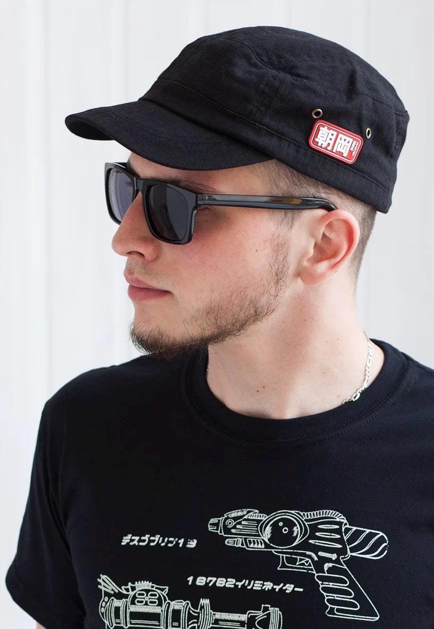 Cadet Army Cap with Japanese Vinyl Applique - Military Retro Vintage Mens Womens Black Kuroi Hat Japan Aesthetic Streetwear Officer Kawaii