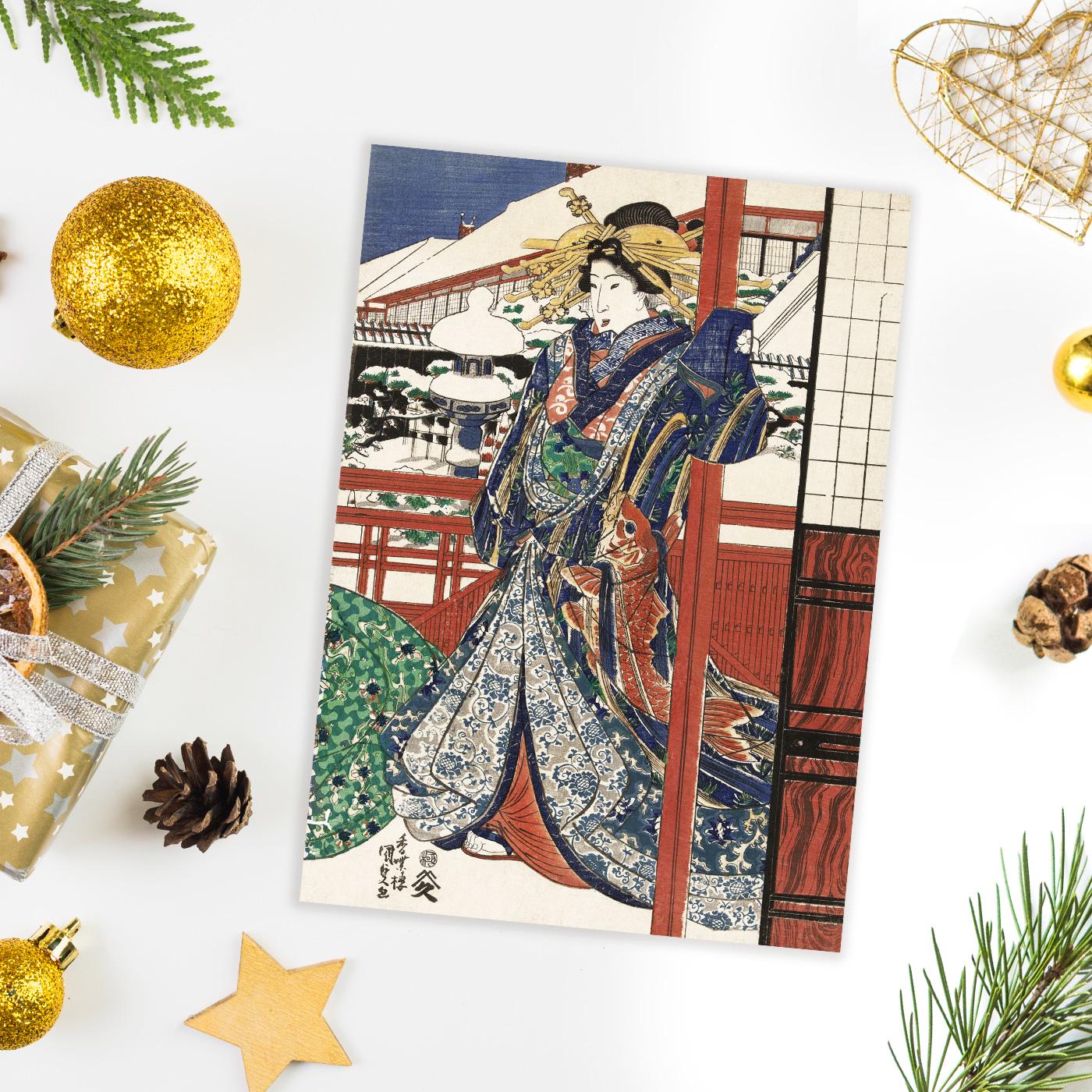 Japanese Ukiyo-e Art Greeting Cards Christmas Card Set Xmas New Year Winter Woodblock Print Large A5 C5 Luxury Hiroshige Hokusai Haiku Poem