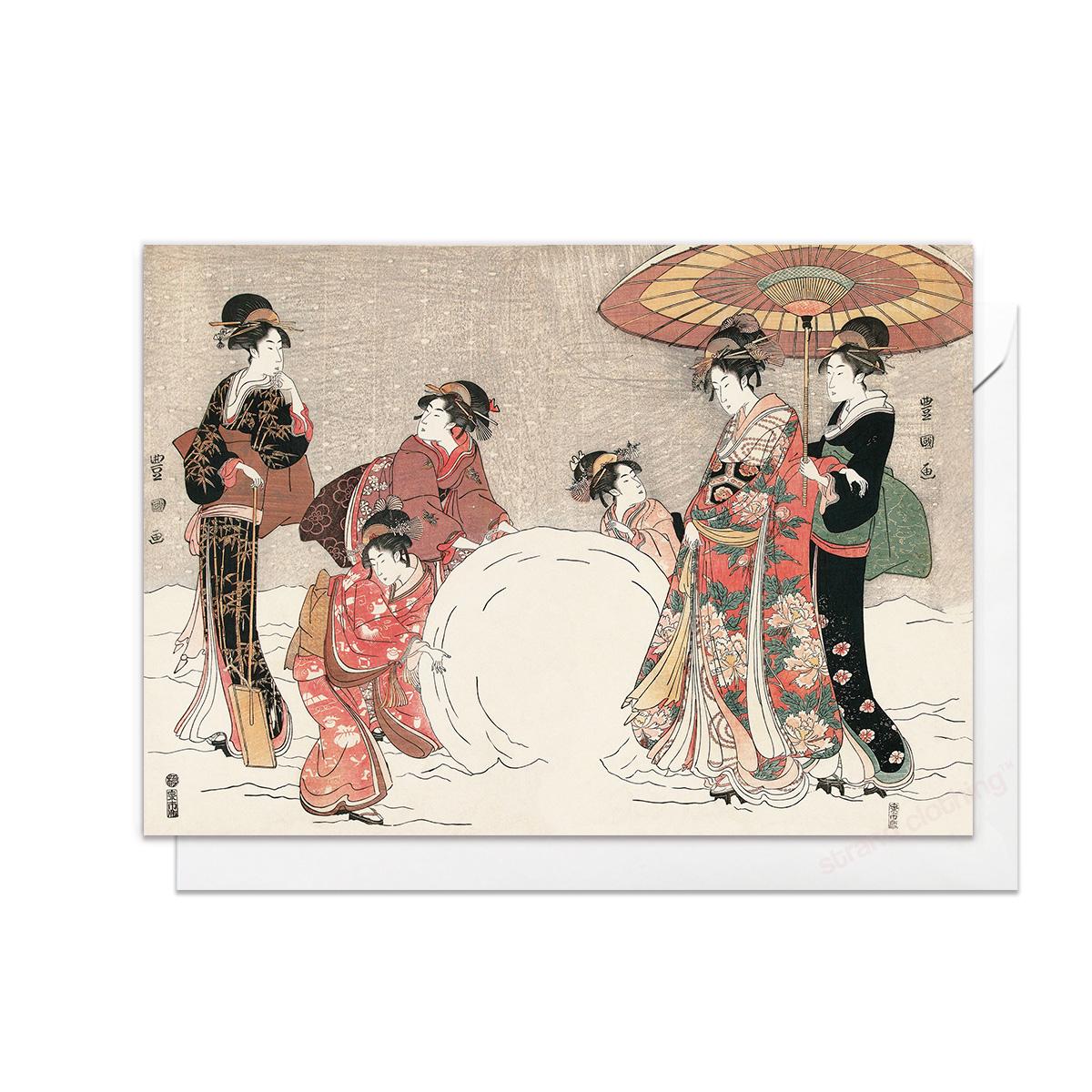 Japanese Ukiyo-e Art Greeting Card Christmas Xmas New Year Winter Woodblock Print Aesthetic Geisha Snow Snowball Kimono Elegant Luxury - S86