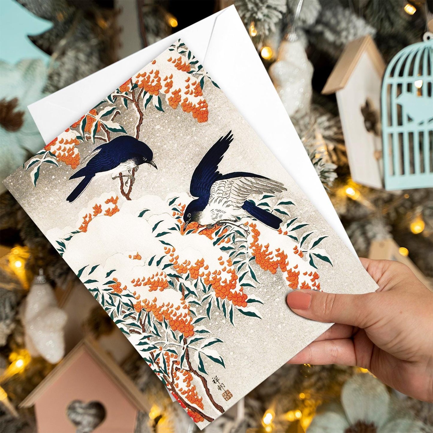 Japanese Ukiyo-e Art Greeting Card Christmas Xmas New Year Winter Woodblock Print Aesthetic Birds Snow Bamboo Rowan Ohara Koson Pretty N22