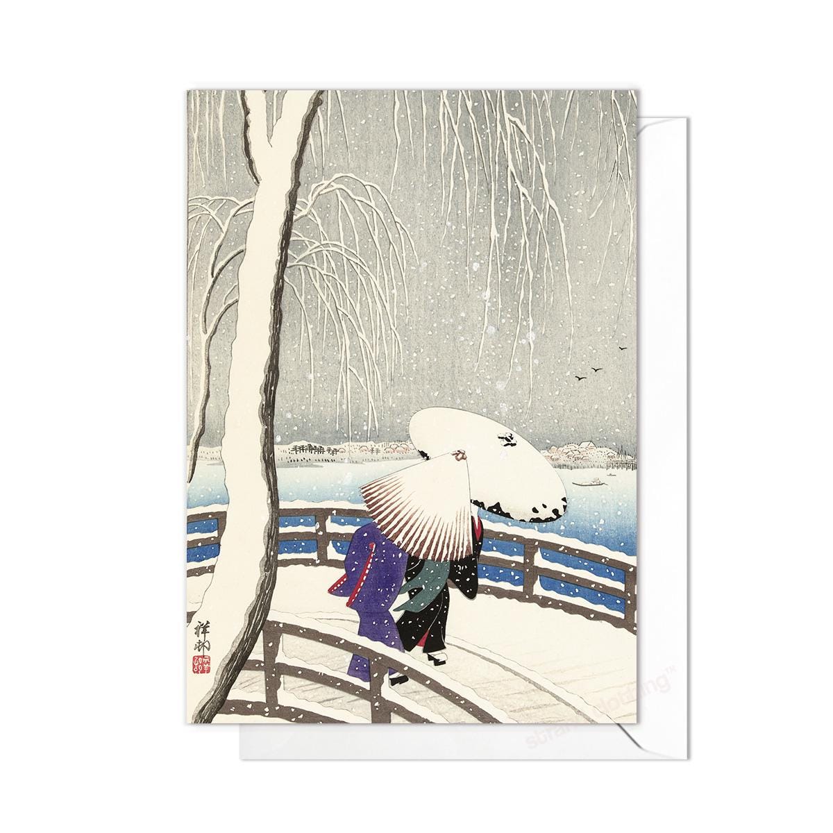 Japanese Ukiyo-e Art Greeting Card Christmas Xmas New Year Winter Woodblock Print Aesthetic Snow Ohara Koson Masaoka Shiki Haiku Luxury Y67