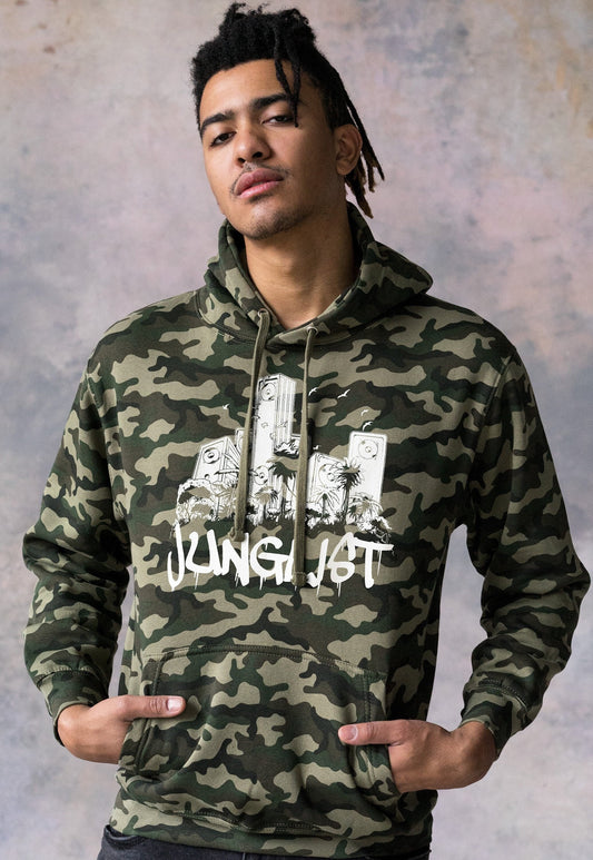 Junglist Sound System Camo Hoodie - Drum and Bass Rhythm Machine Synth DnB Amen Music Producer Mens Camouflage Sweatshirt Printed Hooded Top