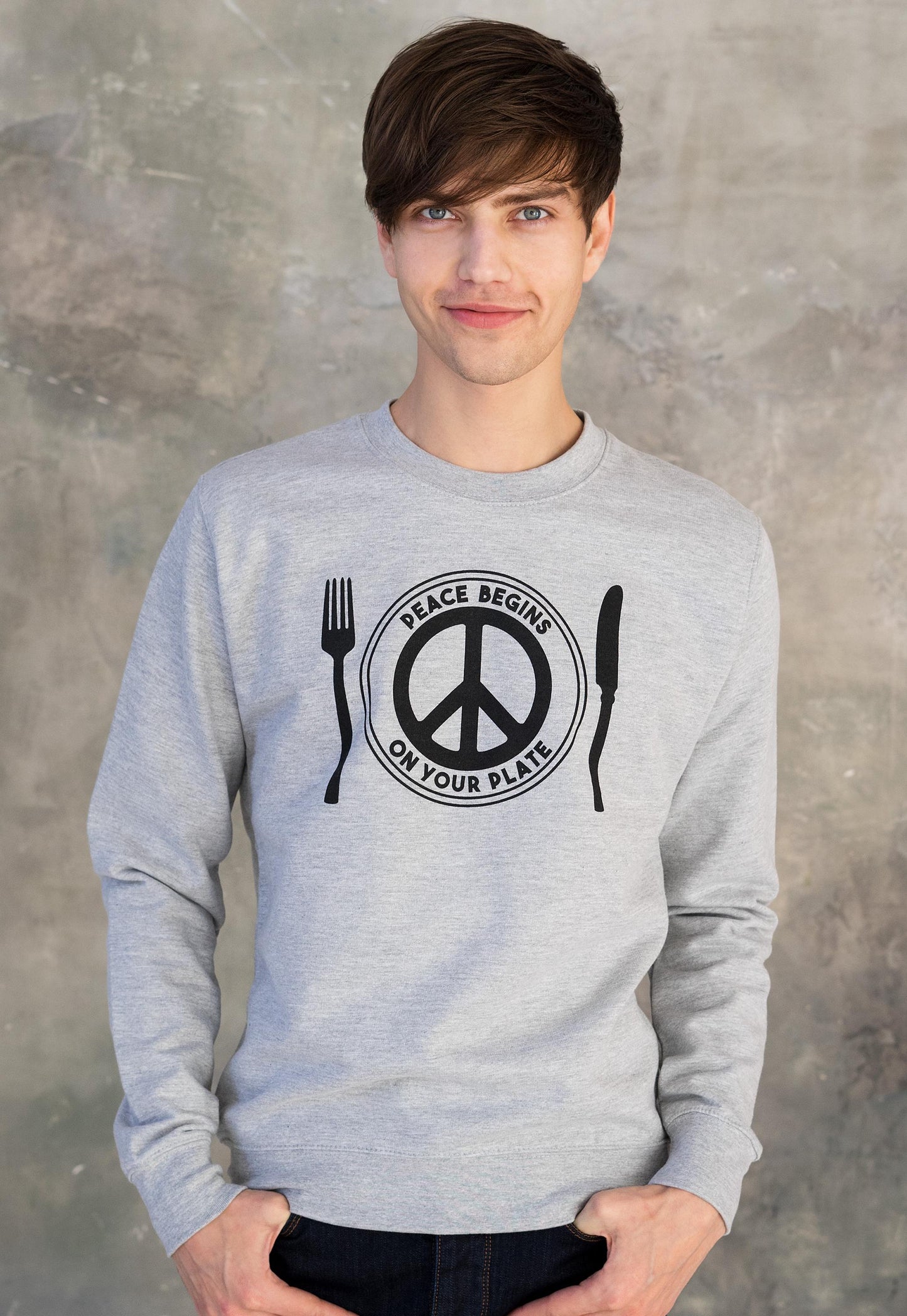 Vegan Sweatshirt - Peace Begins On Your Plate - Herbivore Animal Rights Activist Liberal Peace Sign Women's Men's Graphic Printed Top Jumper