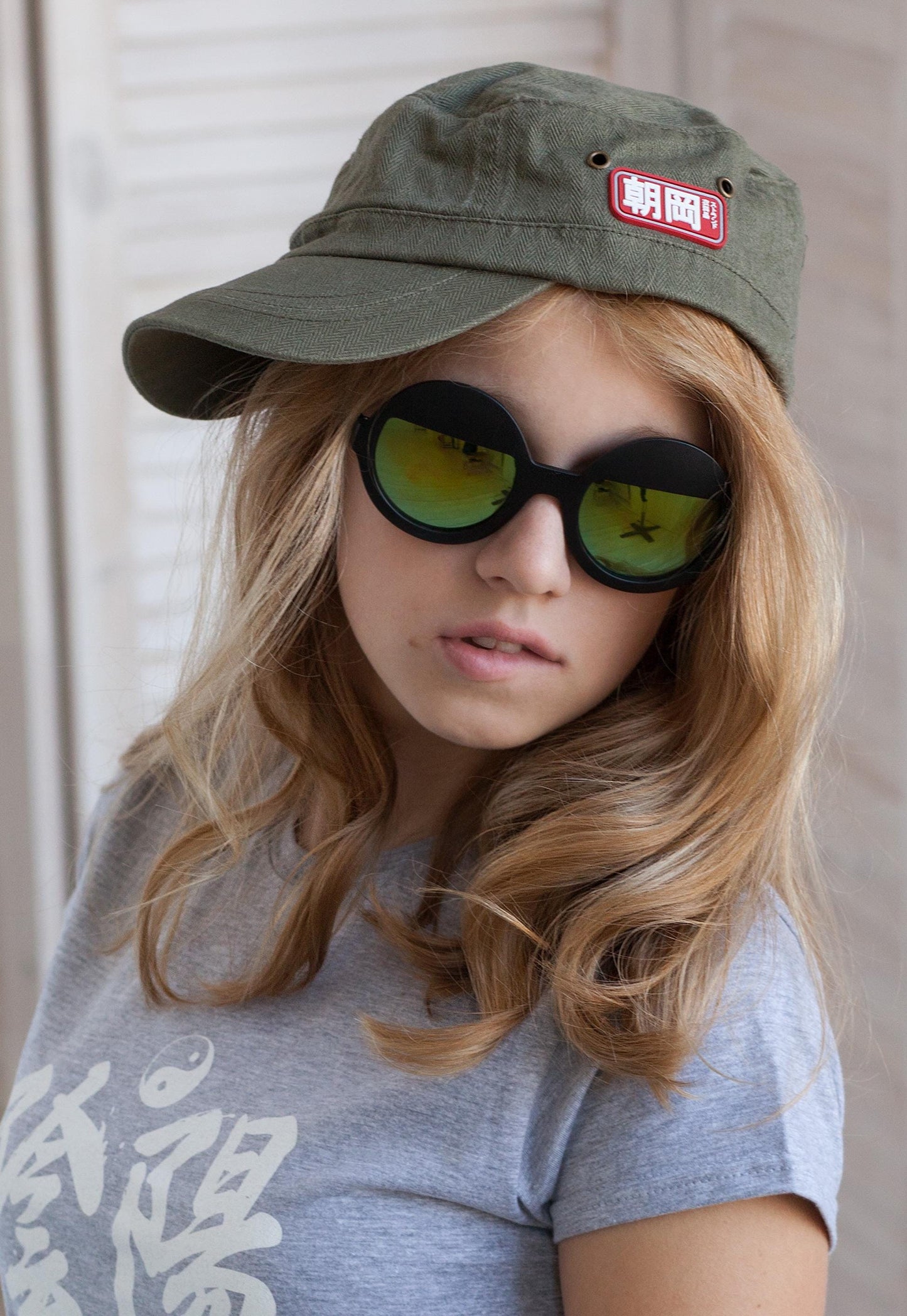 Cadet Army Cap with Japanese Vinyl Applique - Military Retro Vintage Mens Womens Khaki Green Hat Japan Aesthetic Streetwear Officer Kawaii