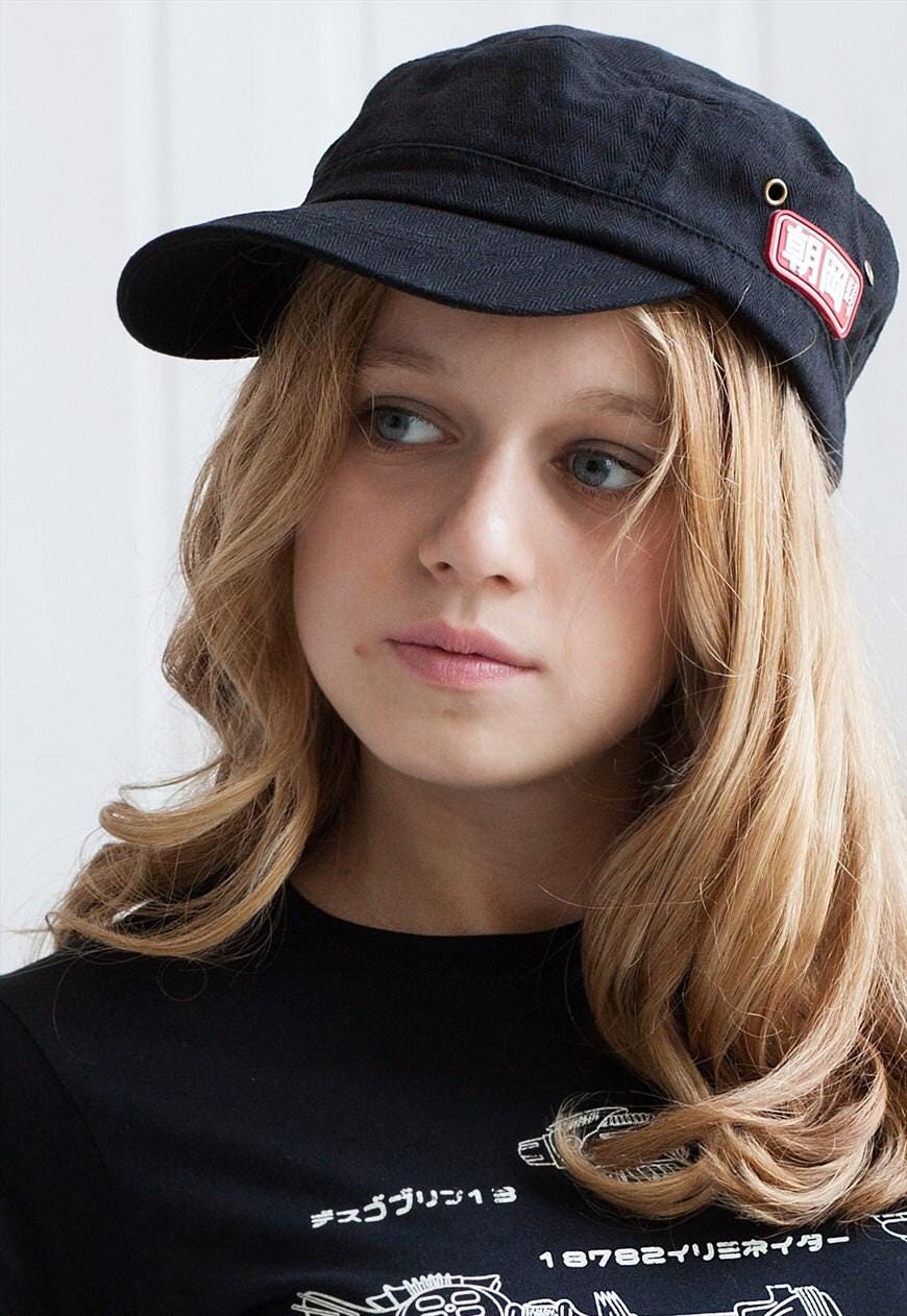Cadet Army Cap with Japanese Vinyl Applique - Military Retro Vintage Mens Womens Black Kuroi Hat Japan Aesthetic Streetwear Officer Kawaii