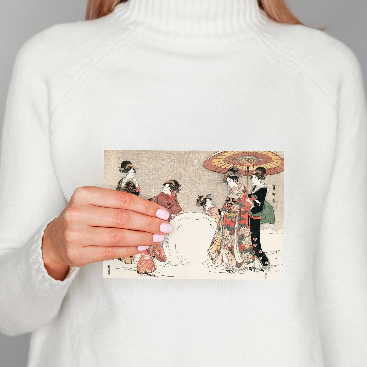 Japanese Ukiyo-e Art Greeting Card Christmas Xmas New Year Winter Woodblock Print Aesthetic Geisha Snow Snowball Kimono Elegant Luxury - S86