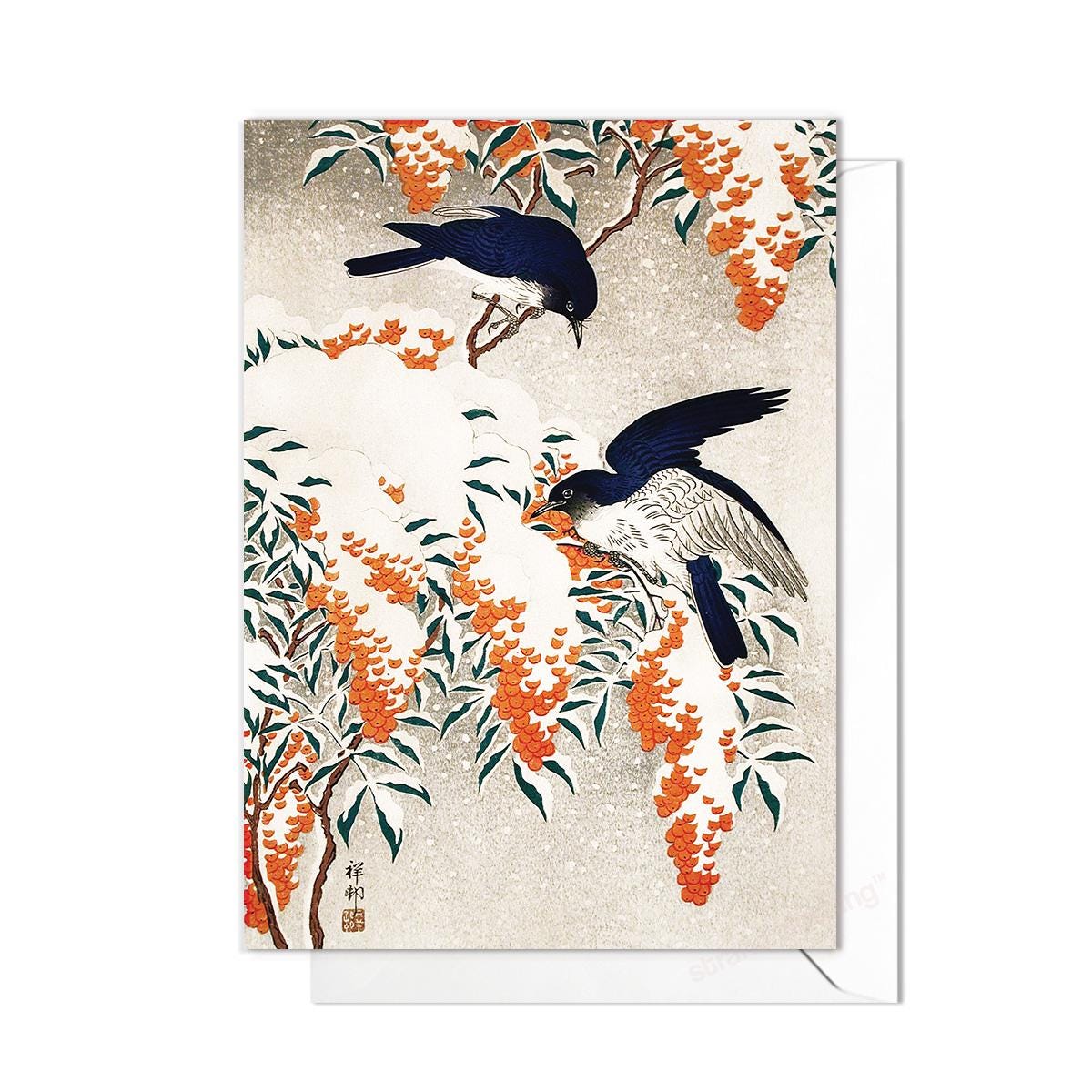 Japanese Ukiyo-e Art Greeting Card Christmas Xmas New Year Winter Woodblock Print Aesthetic Birds Snow Bamboo Rowan Ohara Koson Pretty N22