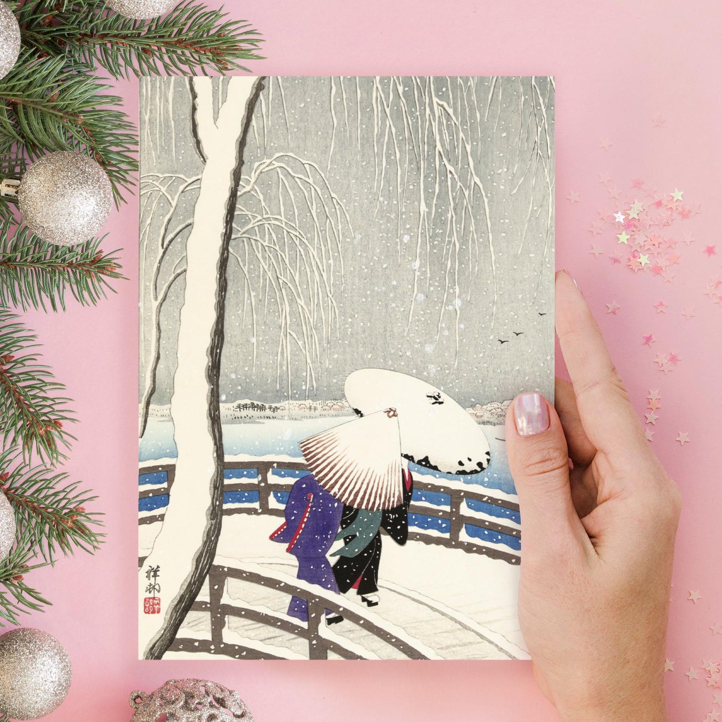 Japanese Ukiyo-e Art Greeting Card Christmas Xmas New Year Winter Woodblock Print Aesthetic Snow Ohara Koson Masaoka Shiki Haiku Luxury Y67