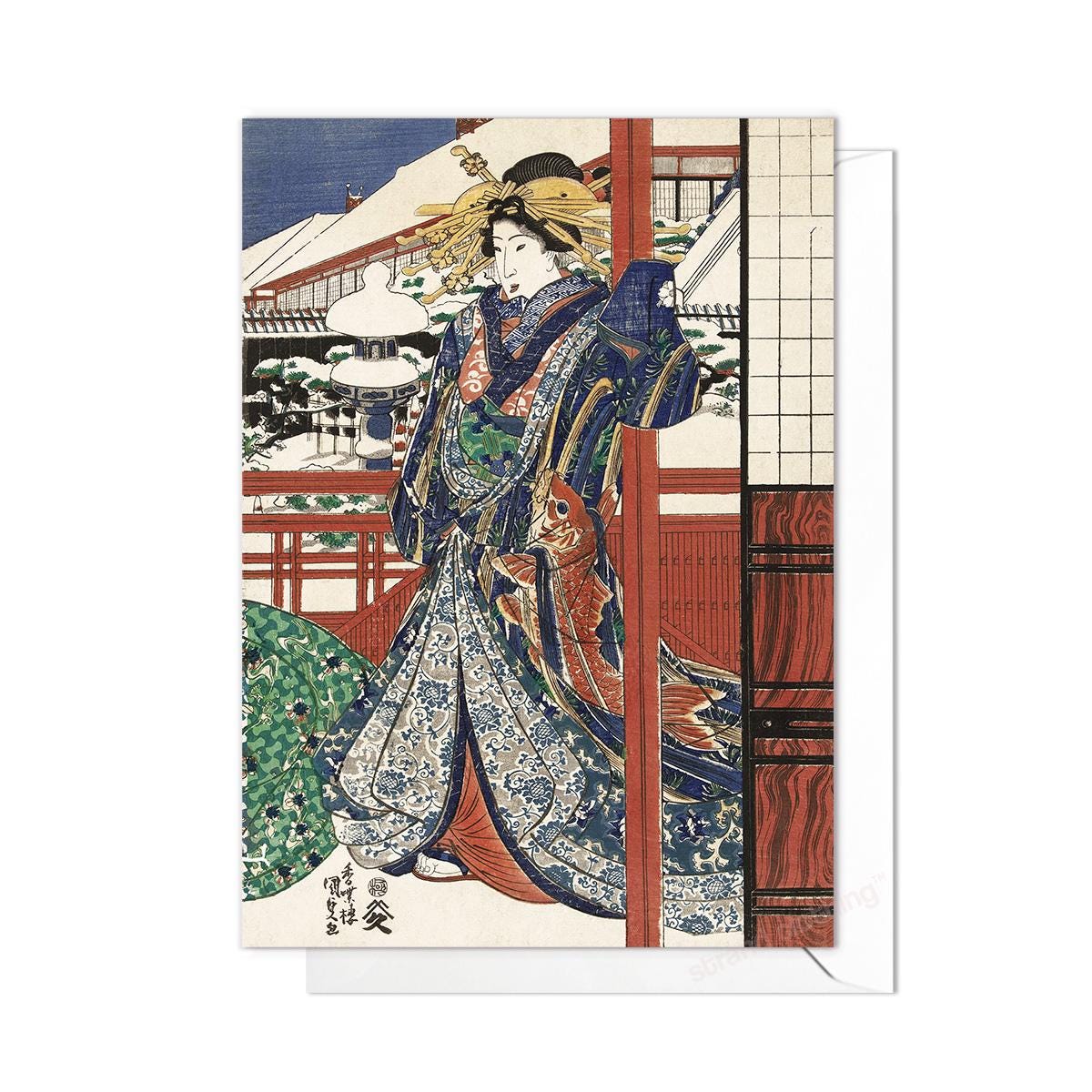 Japanese Ukiyo-e Art Greeting Card Christmas Xmas New Year Winter Woodblock Print Snow Oiran Geisha Maiko Koi Carp Haiku Fukuda Chiyo-ni O55