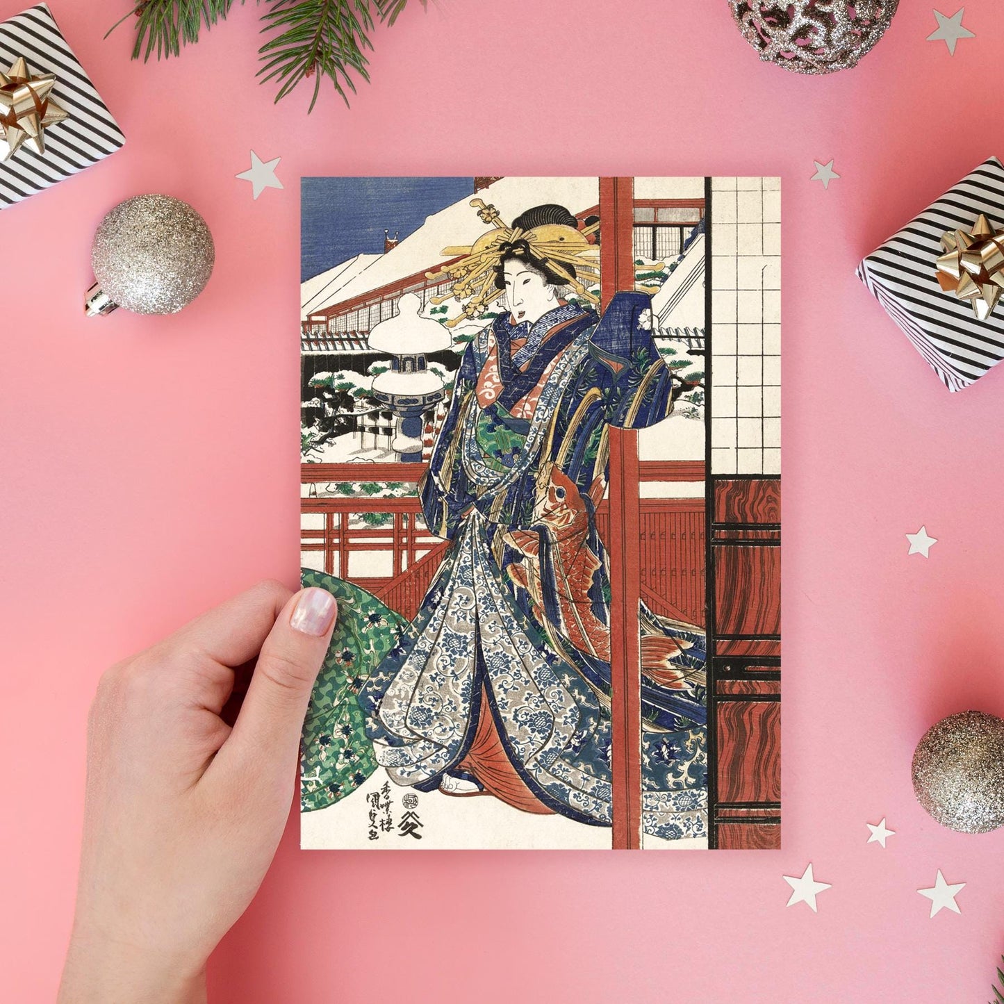 Japanese Ukiyo-e Art Greeting Card Christmas Xmas New Year Winter Woodblock Print Snow Oiran Geisha Maiko Koi Carp Haiku Fukuda Chiyo-ni O55