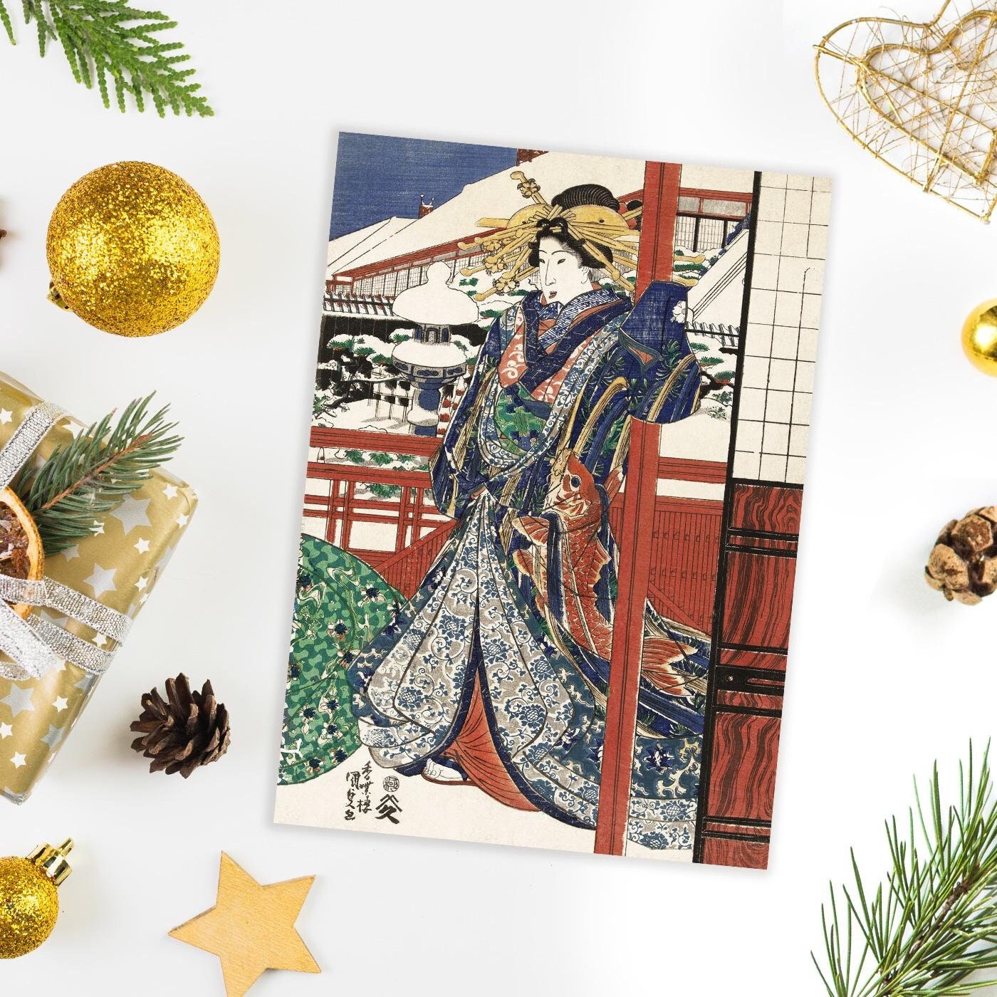 Japanese Ukiyo-e Art Greeting Card Christmas Xmas New Year Winter Woodblock Print Snow Oiran Geisha Maiko Koi Carp Haiku Fukuda Chiyo-ni O55