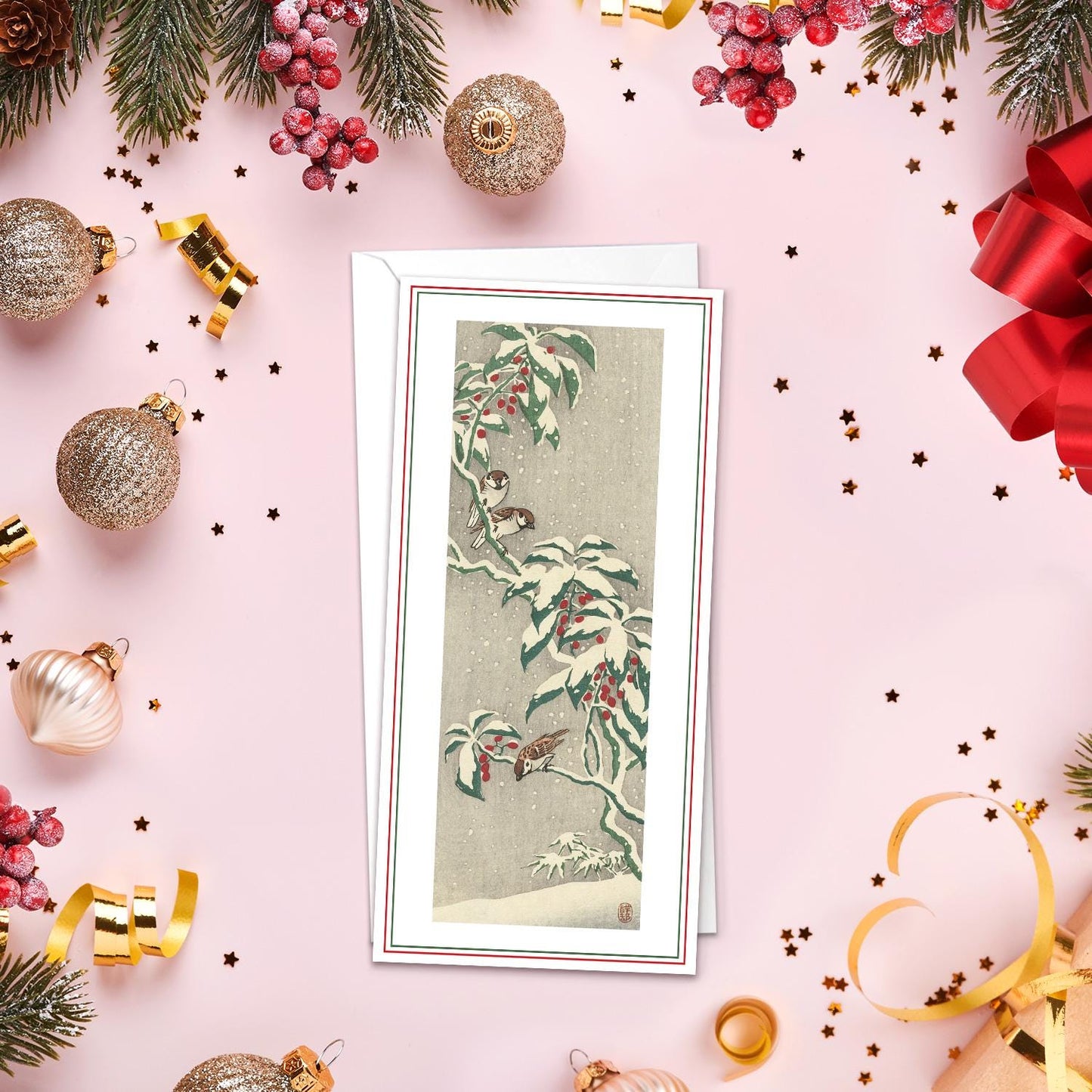 Japanese Ukiyo-e Art Greeting Cards Luxury Long Set of 5 - Christmas Card Xmas New Year Woodblock Print Hiroshige Greetings Calligraphy DL