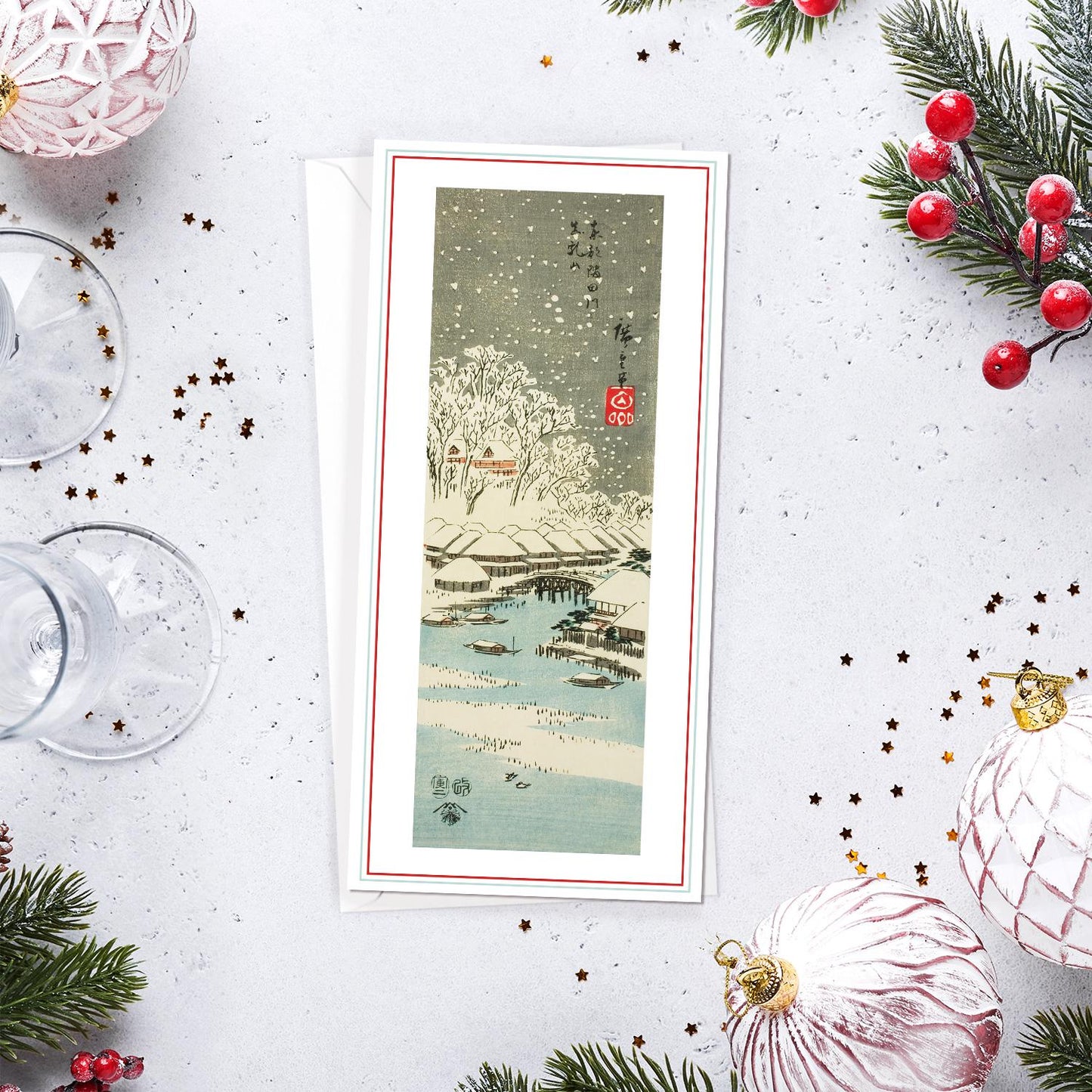 Japanese Ukiyo-e Art Greeting Cards Luxury Long Set of 5 - Christmas Card Xmas New Year Woodblock Print Hiroshige Greetings Calligraphy DL