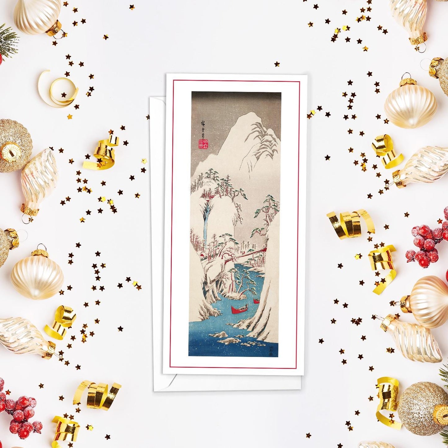 Japanese Ukiyo-e Art Greeting Cards Luxury Long Set of 5 - Christmas Card Xmas New Year Woodblock Print Hiroshige Greetings Calligraphy DL
