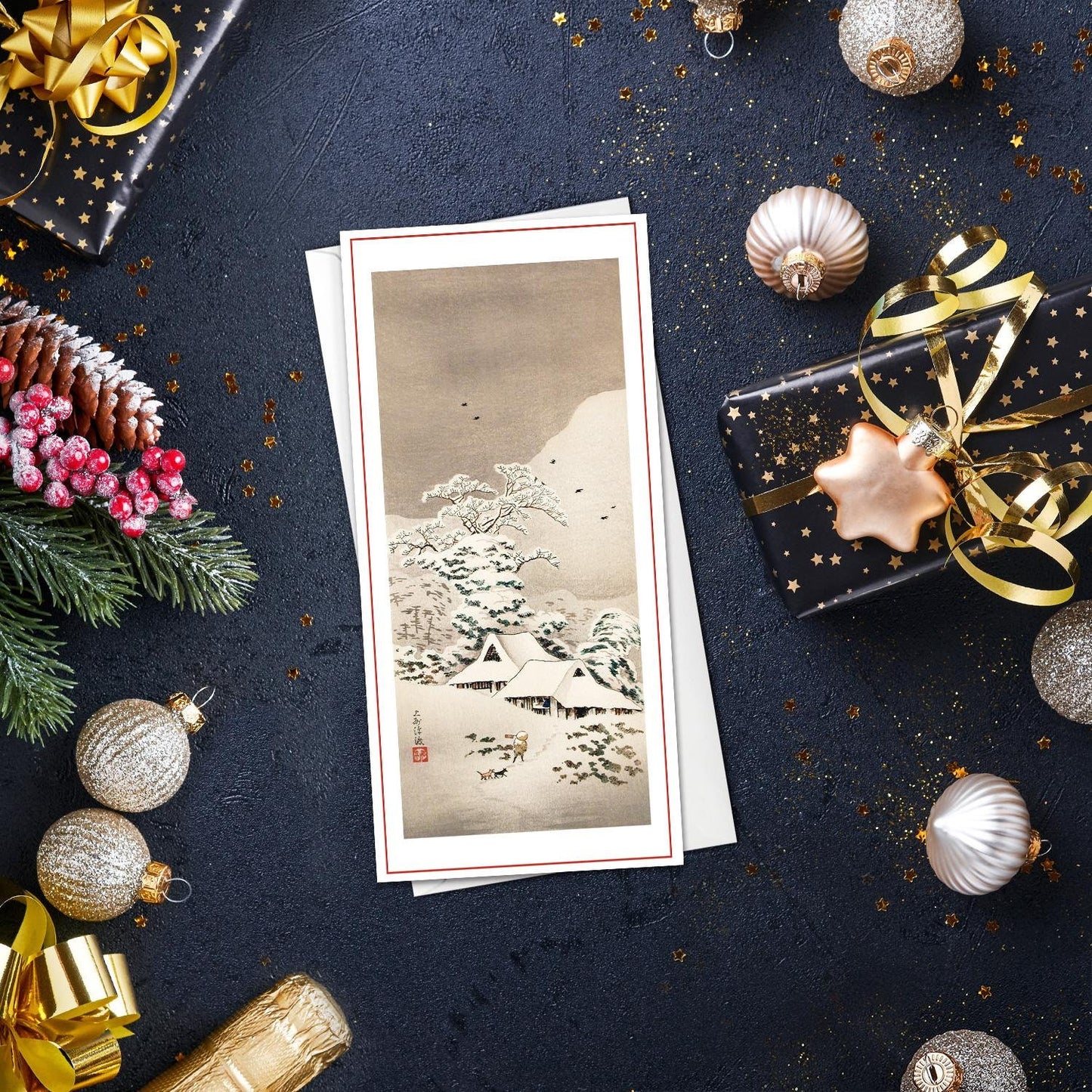 Japanese Ukiyo-e Art Greeting Card Christmas Xmas New Year Winter Woodblock Print Aesthetic Snow Takahashi Shotei Elegant Luxury Pretty JS3