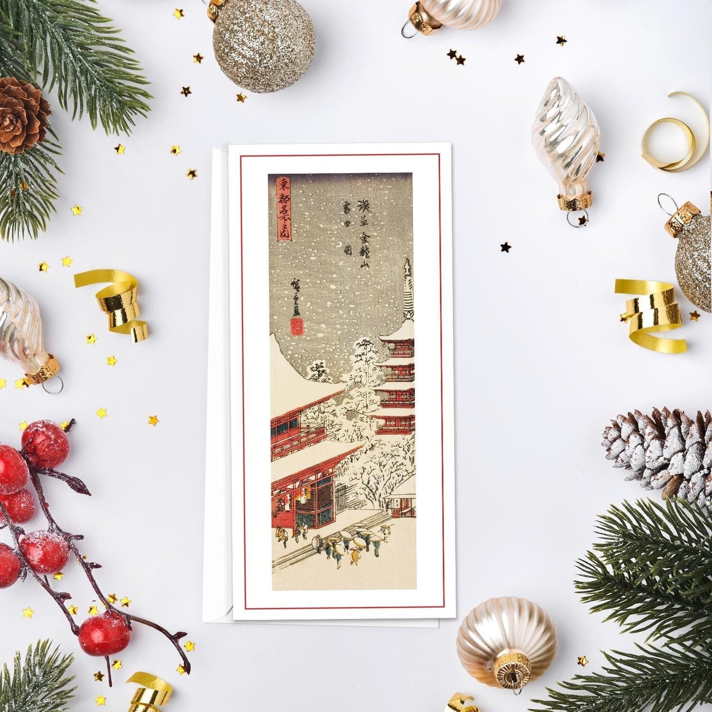 Japanese Ukiyo-e Art Greeting Card Christmas Xmas New Year Winter Woodblock Print Snow Utagawa Hiroshige Kinryuzan Kyoto Elegant Luxury KZ8