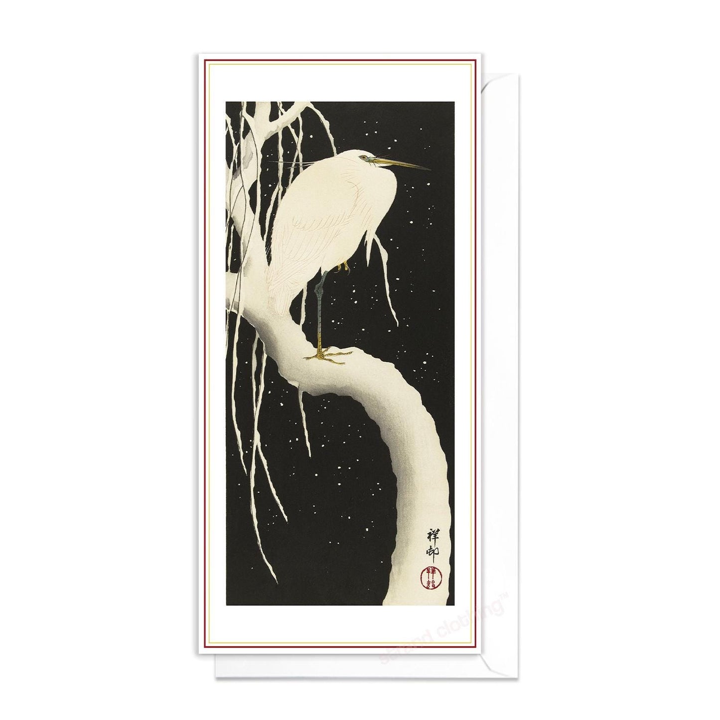 Japanese Ukiyo-e Art Greeting Card Christmas Xmas New Year Winter Woodblock Print Snow Ohara Koson Egret Beautiful Bird Elegant Luxury EG8