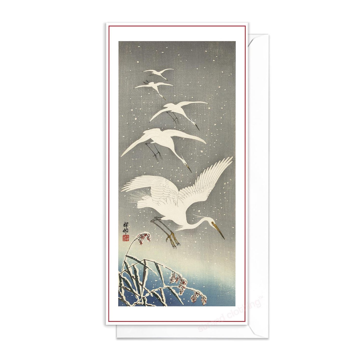 Japanese Ukiyo-e Art Greeting Card Christmas Xmas New Year Winter Woodblock Print Snow Ohara Koson Egrets Beautiful Bird Elegant Luxury DE5