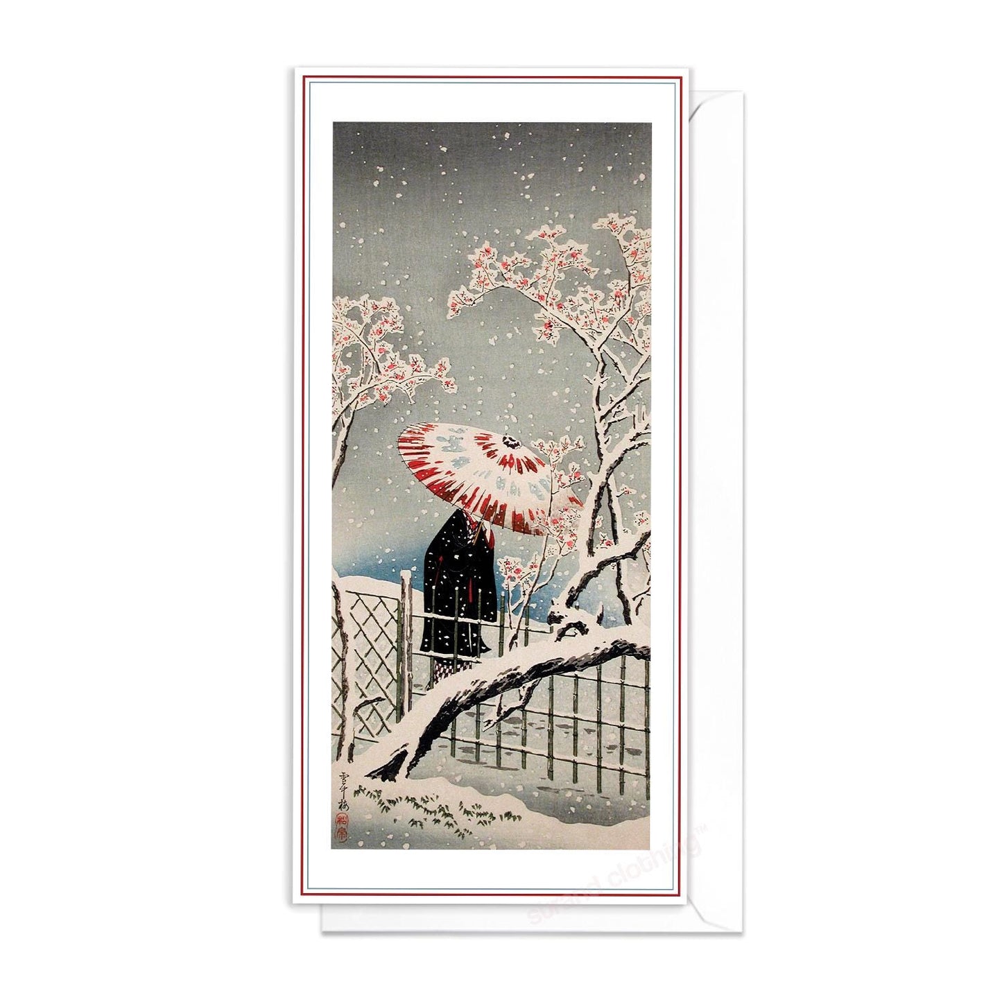 Japanese Ukiyo-e Art Greeting Card Christmas Xmas New Year Winter Woodblock Print Aesthetic Snow Takahashi Shotei Elegant Luxury Pretty KU9