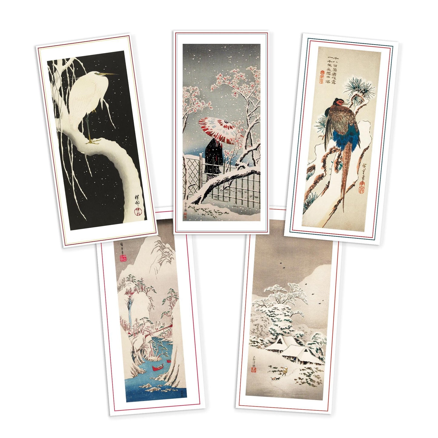 Japanese Ukiyo-e Art Greeting Cards Luxury Long Set of 5 - Christmas Card Xmas New Year Woodblock Print Hiroshige Greetings Calligraphy DL