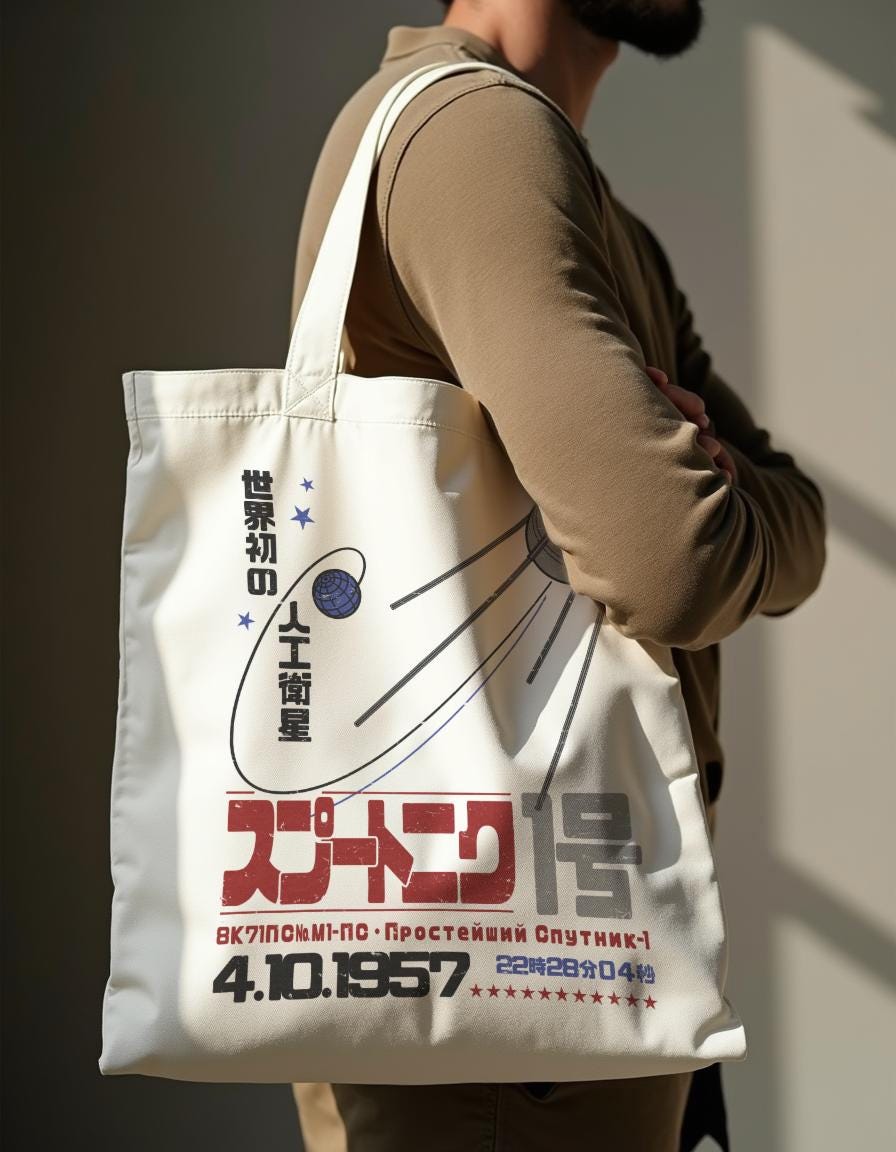 Sputnik 1 Canvas Tote Bag Art Japan Yoga Cute Gift Cotton Shopper Printed Eco Friendly Market Japanese Soviet Retro Science Sci Fi Mars Moon