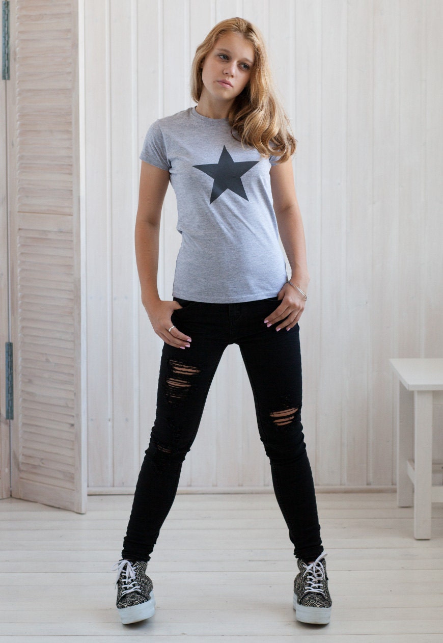Black Star T Shirt Minimalist Abstract Geometric Skater Fashion Retro Graphic Design Screen Printed Womens Ladies Tee or Tank Top Vest Cami
