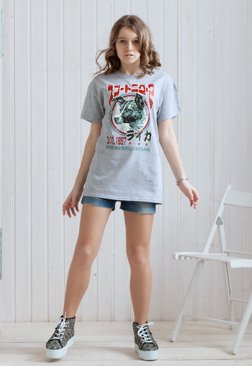 Laika The Space Dog T Shirt Japanese Soviet /Japan Retro Kawaii Science Sci Fi Geek Geeky Astronomy Cute Mens Womens Screen Printed Tee Top
