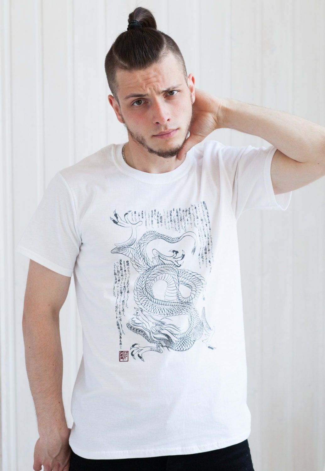 Japanese T Shirt – Dragon Ryu Ryuu – Japan Traditional Chinese Dragon Naga Yoga Martial Arts Anime Manga Kanji Hand Screen Printed Tee Top