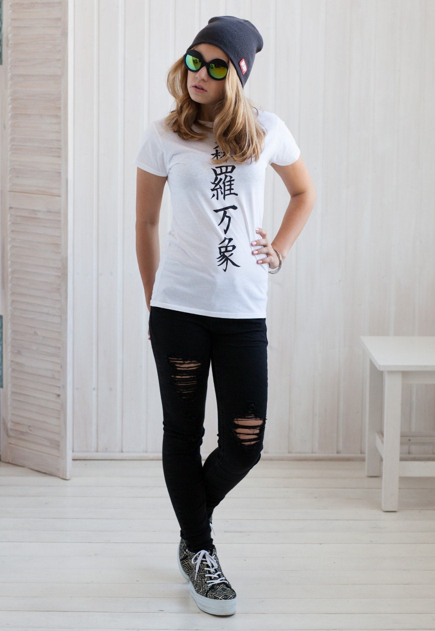 Japanese T Shirt - Universe Japan Writing Calligraphy Anime Manga Traditional Yoga Zen Kanji Kawaii Gifts For Her Screen Printed Women's Tee