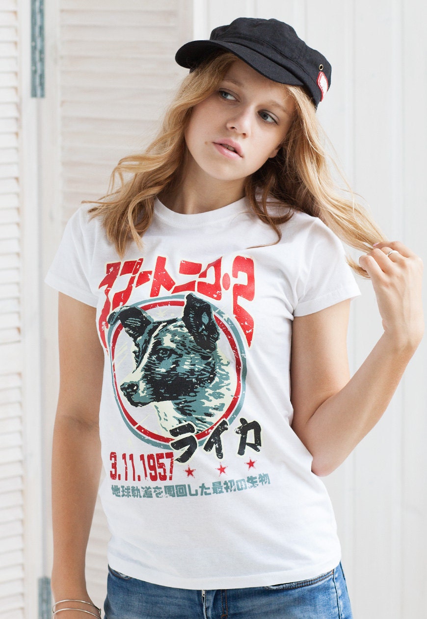 Laika The Space Dog Japanese T Shirt Soviet Japan Retro Kawaii USSR Science Space Astronomy Physics Womens Girls Cosmos Graphic Printed Tee