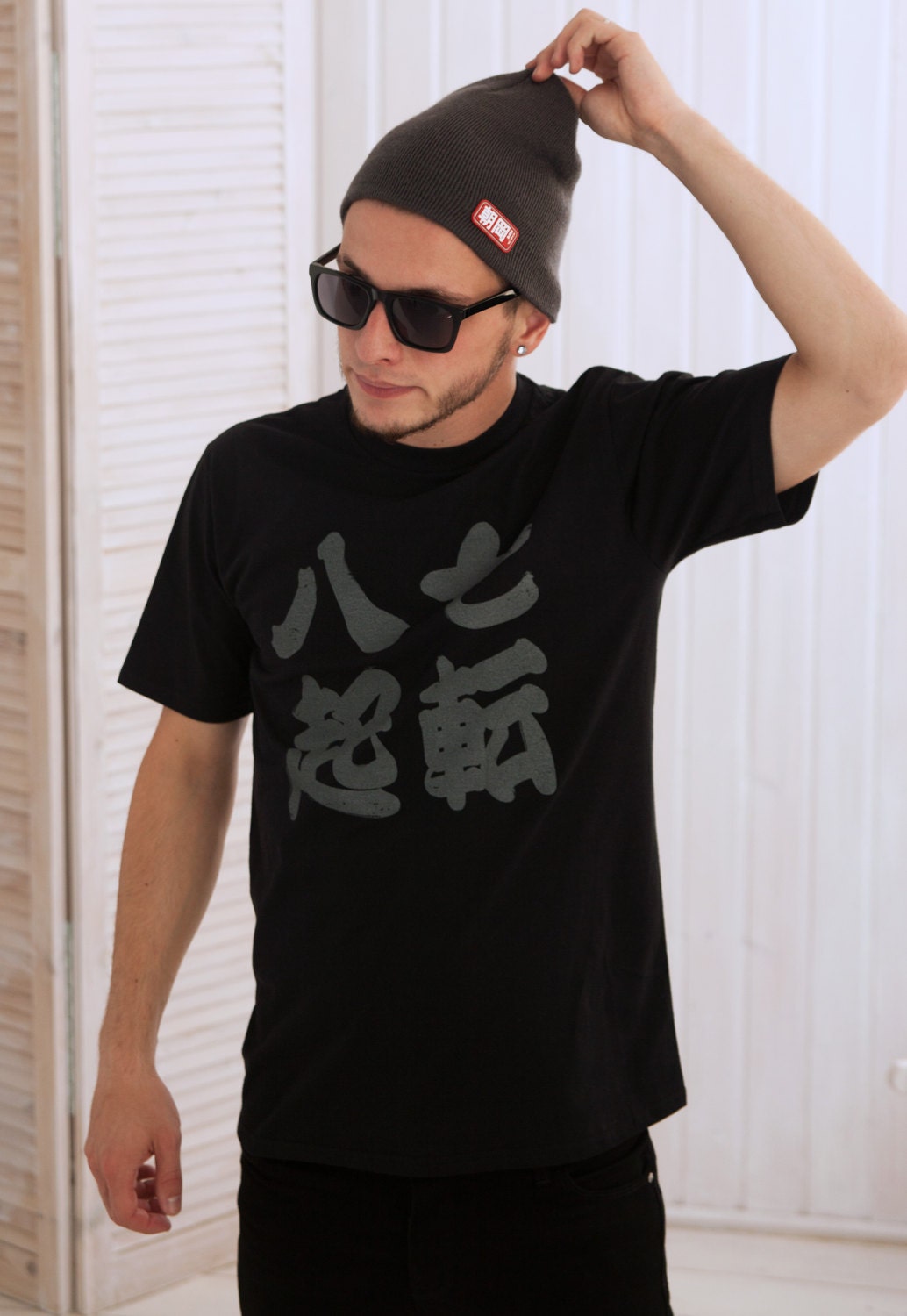 Japanese T Shirt - Shichiten Hakki/ Nanakorobi Yaoki - Japan Calligraphy Yoga Positive Motivational Inspirational Screen Printed Gym Tee Top