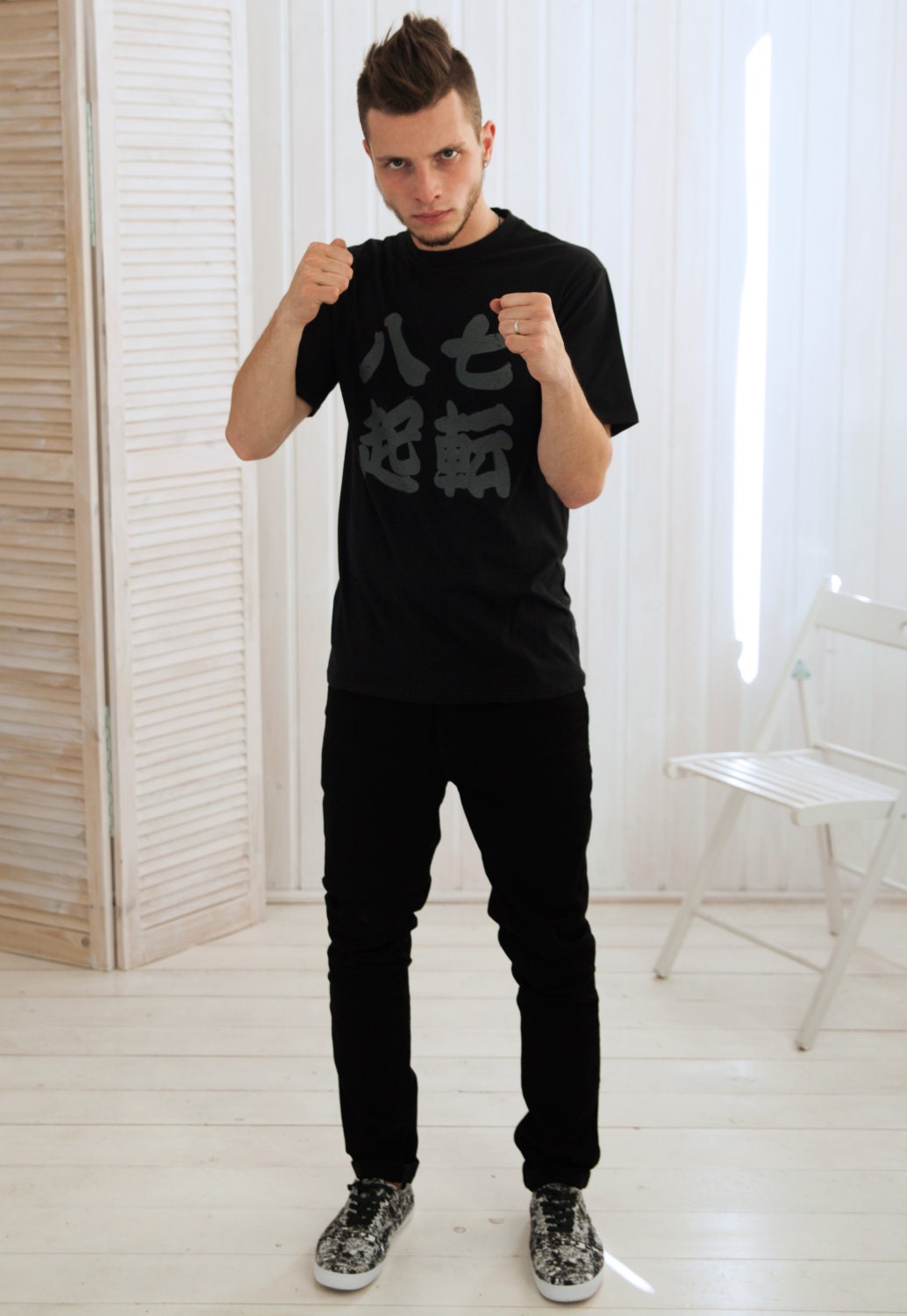 Japanese T Shirt - Shichiten Hakki/ Nanakorobi Yaoki - Japan Calligraphy Yoga Positive Motivational Inspirational Screen Printed Gym Tee Top