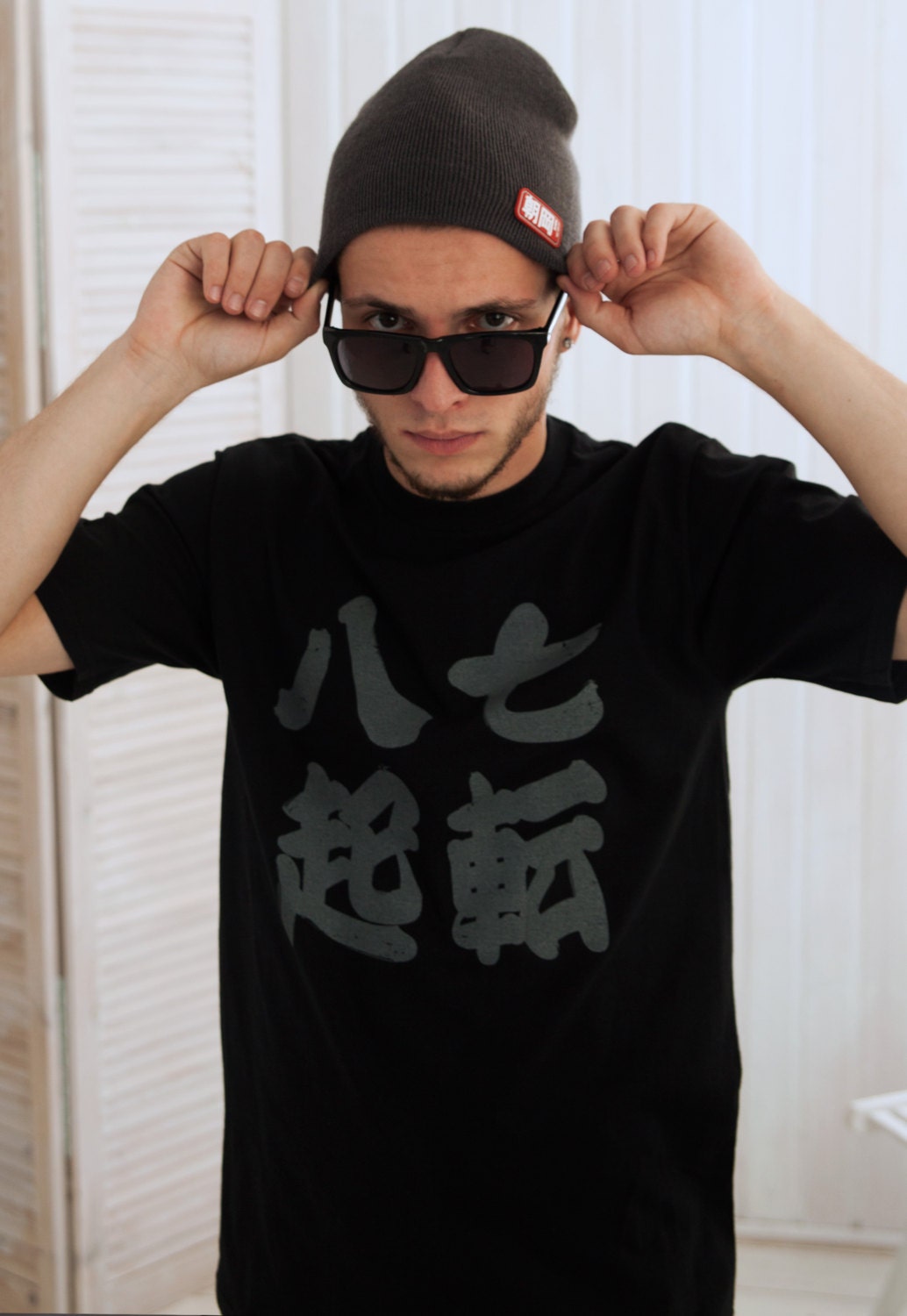 Japanese T Shirt - Shichiten Hakki/ Nanakorobi Yaoki - Japan Calligraphy Yoga Positive Motivational Inspirational Screen Printed Gym Tee Top