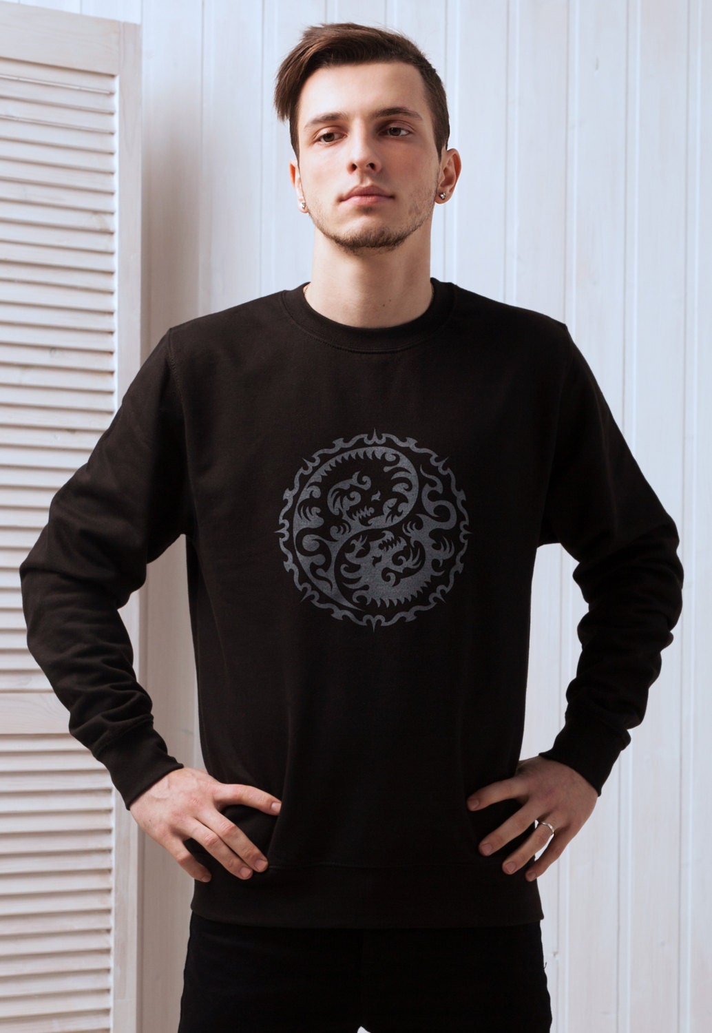 Yin Yang Dragons Sweatshirt - Chinese Japanese Traditional Shirt Taijitu Tai Chi Martial Arts Yoga Long Sleeve Shirt Screen Printed Jumper