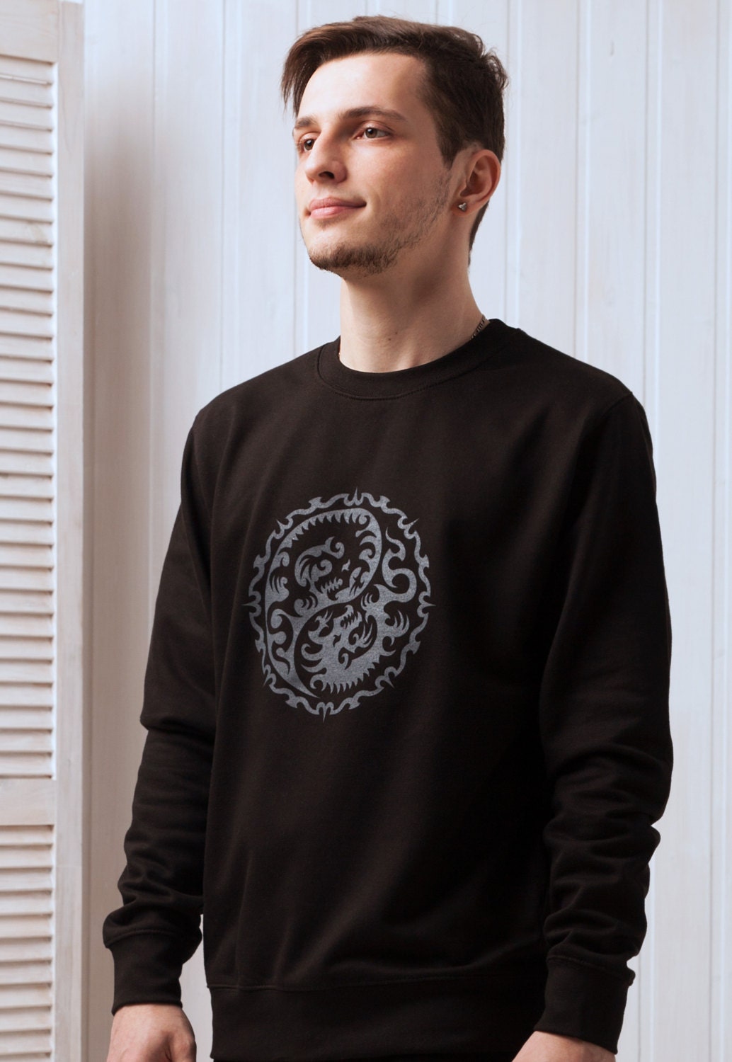 Yin Yang Dragons Sweatshirt - Chinese Japanese Traditional Shirt Taijitu Tai Chi Martial Arts Yoga Long Sleeve Shirt Screen Printed Jumper