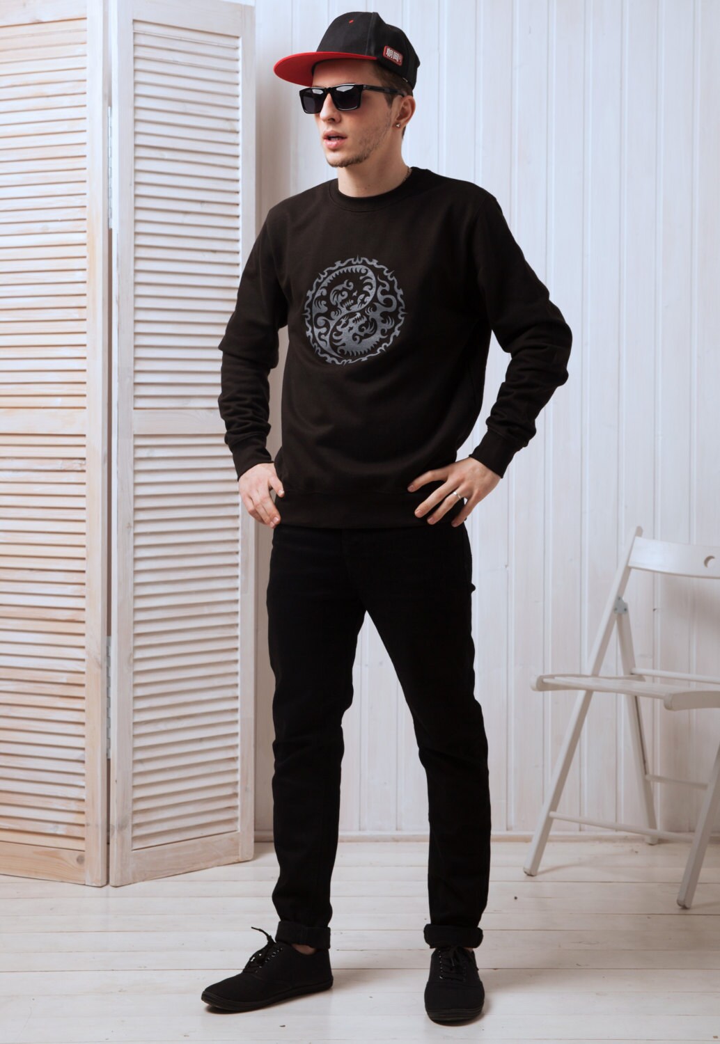 Yin Yang Dragons Sweatshirt - Chinese Japanese Traditional Shirt Taijitu Tai Chi Martial Arts Yoga Long Sleeve Shirt Screen Printed Jumper