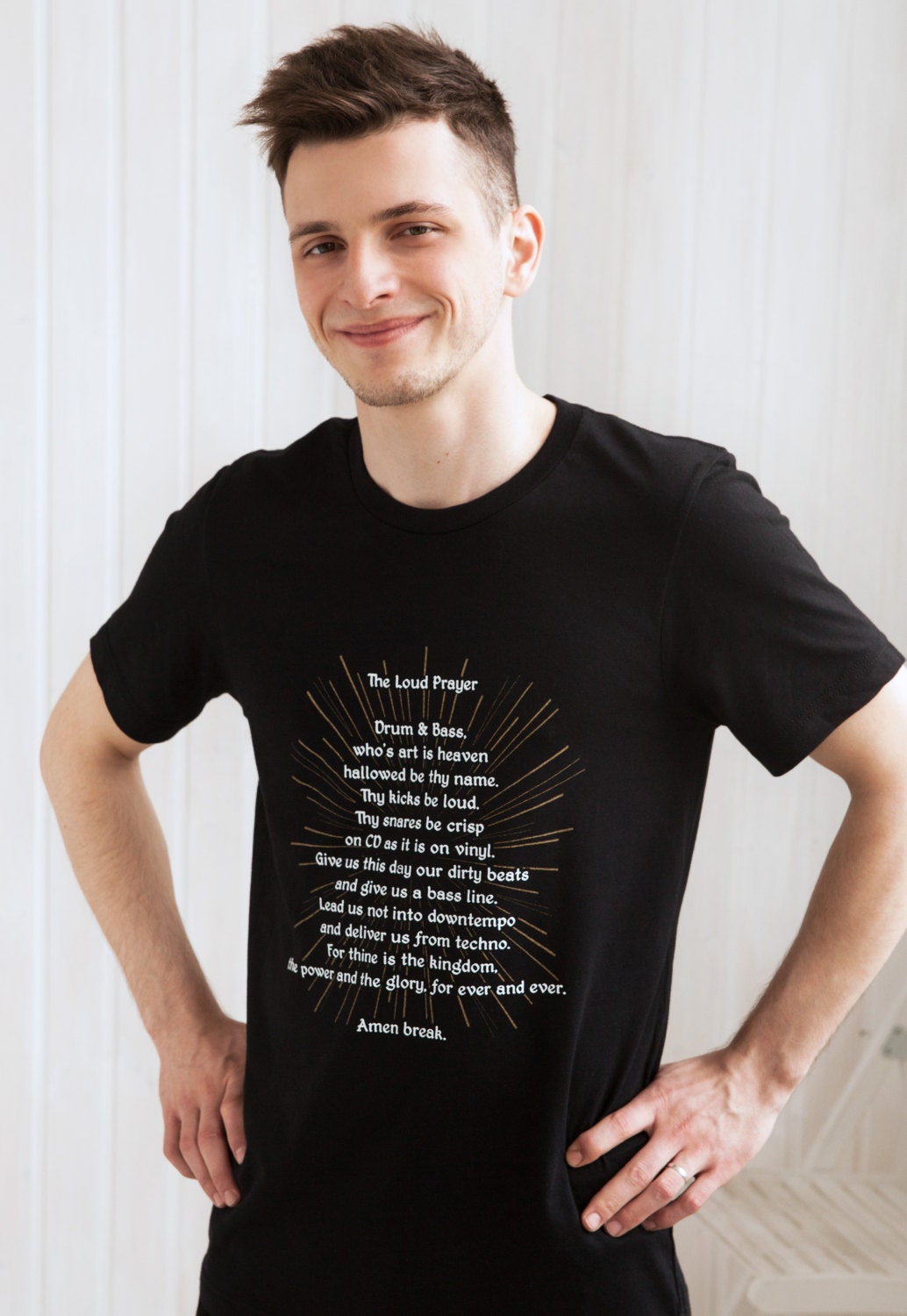 Drum and Bass Prayer T Shirt - Junglist Jungle Massive UK Garage Synthesizer Bass Synth Festival DJ Music Producer Mens Screen Printed Tee