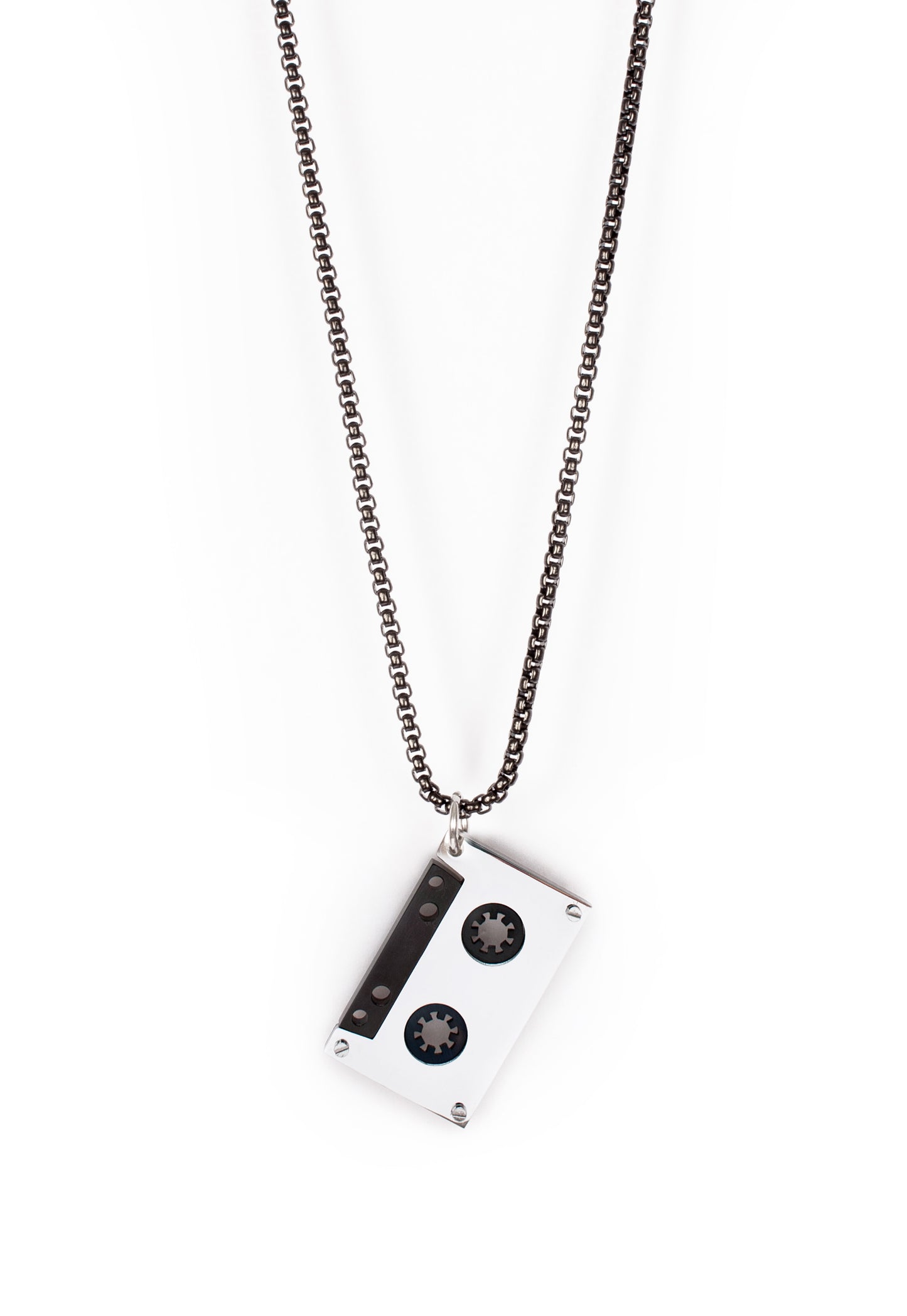 Cassette Tape Pendant Necklace with Ball Chain in Silver Finish Stainless Steel