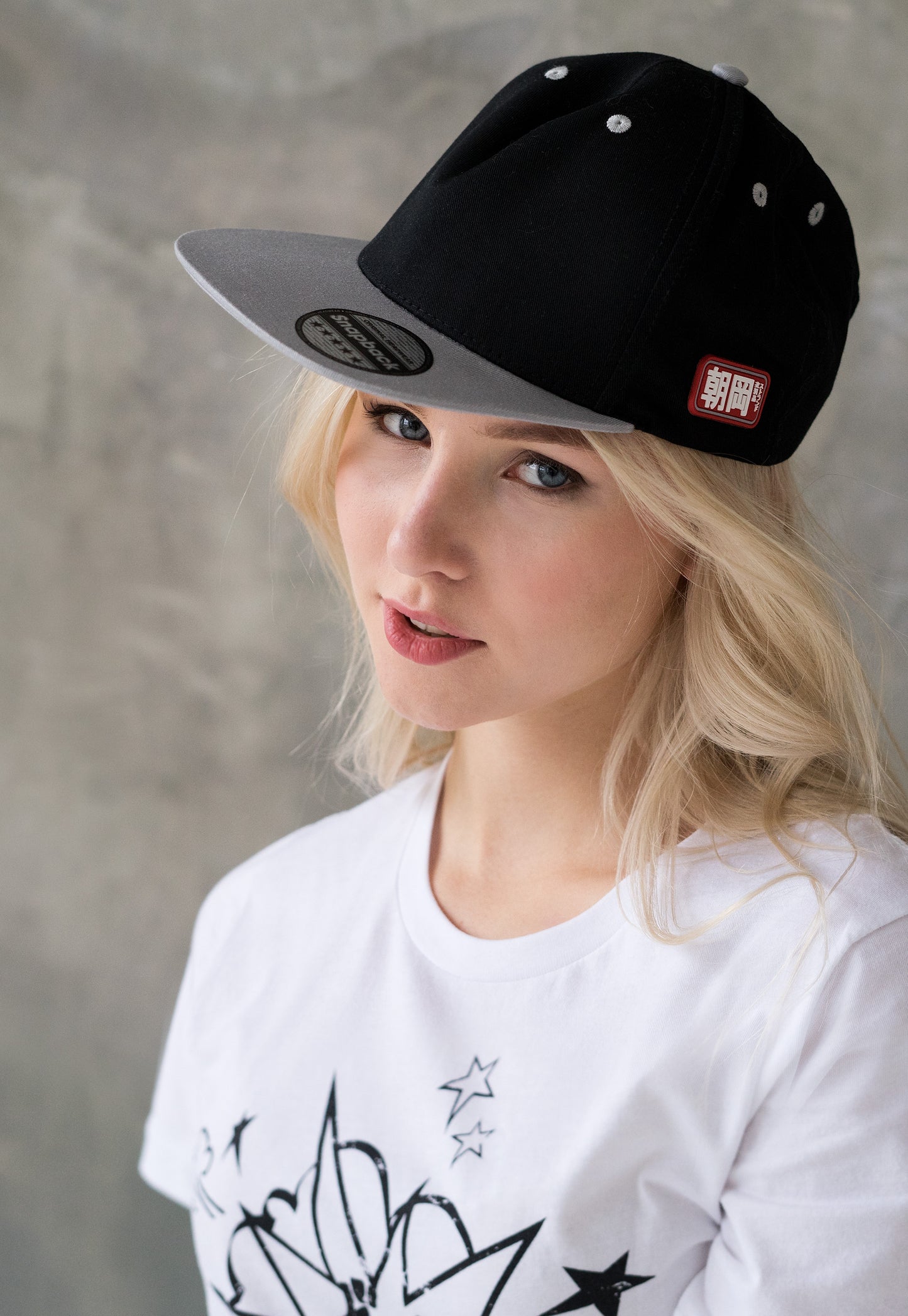 Snapback Baseball Cap with Japanese Applique – Black with Contrast Peak