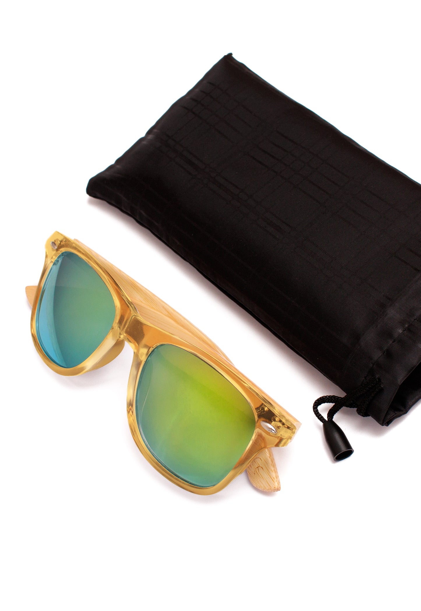 Bamboo Detail Sunglasses with Mirror Green Lenses - Transparent Yellow Frame