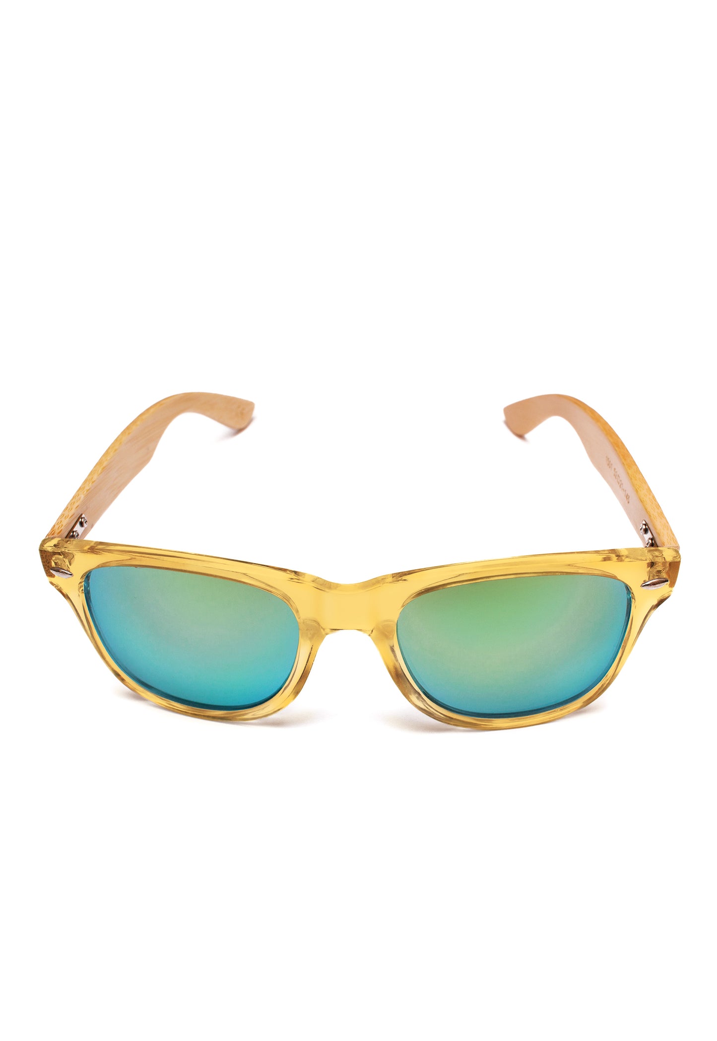 Bamboo Detail Sunglasses with Mirror Green Lenses - Transparent Yellow Frame