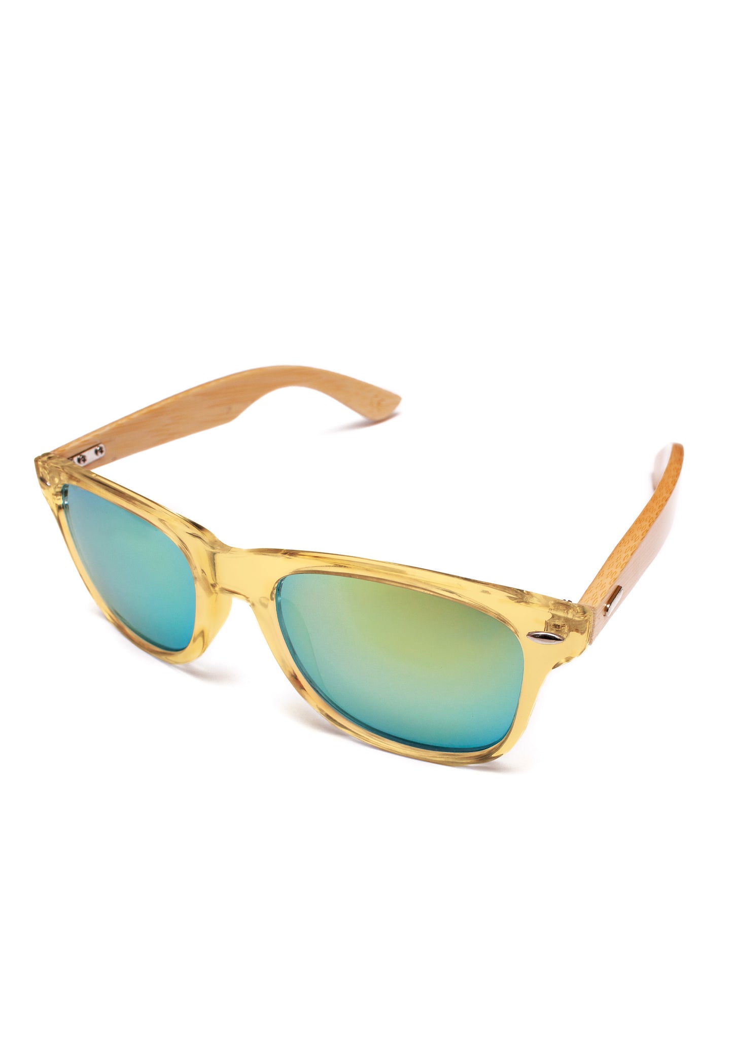 Bamboo Detail Sunglasses with Mirror Green Lenses - Transparent Yellow Frame