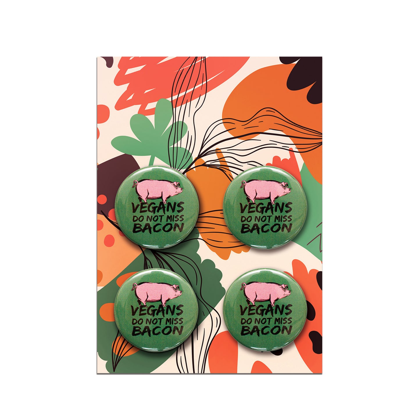 Vegan Pin Badge Set · 4× Retro Vegan Button Badges · Plant Based Designs