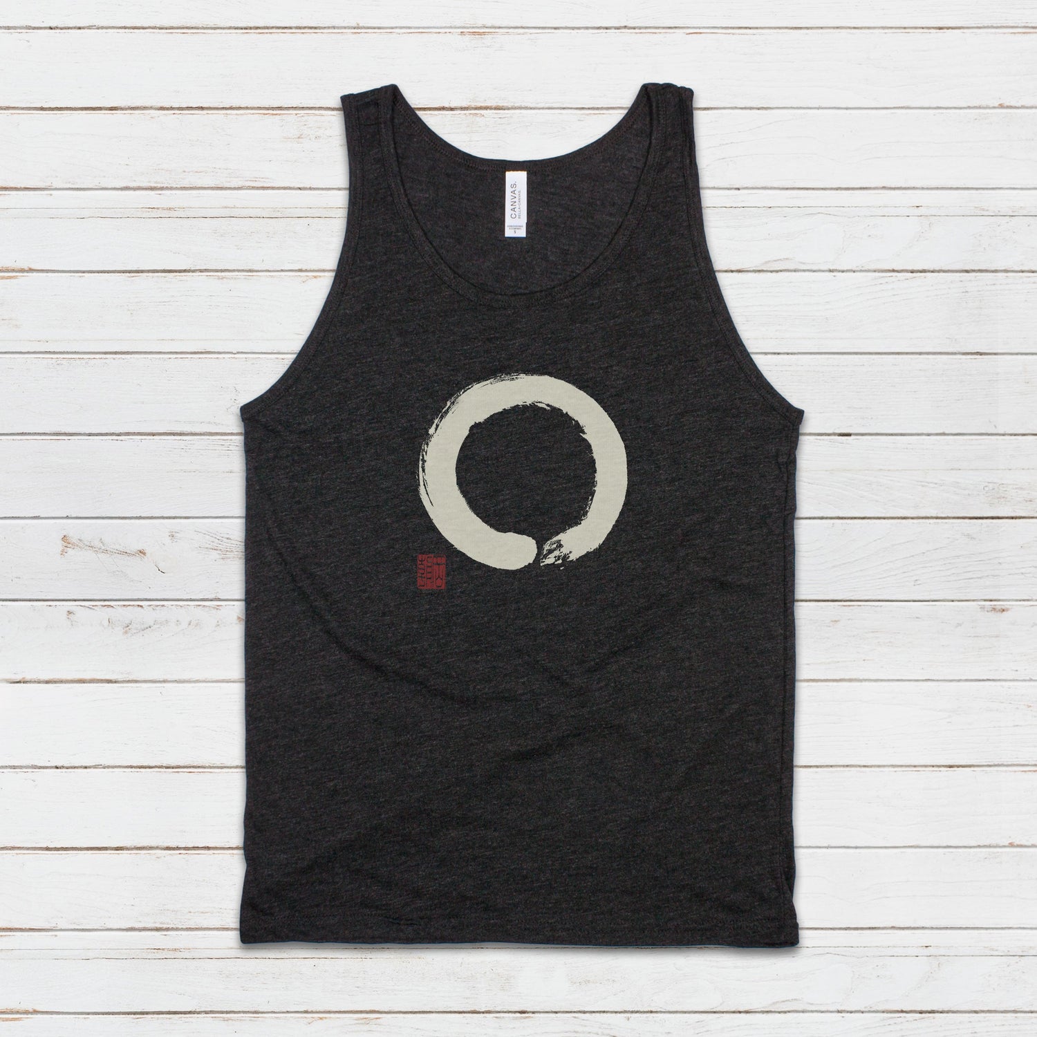 Top view of a black Tank Top with a Japanese calligraphy of Enso circle