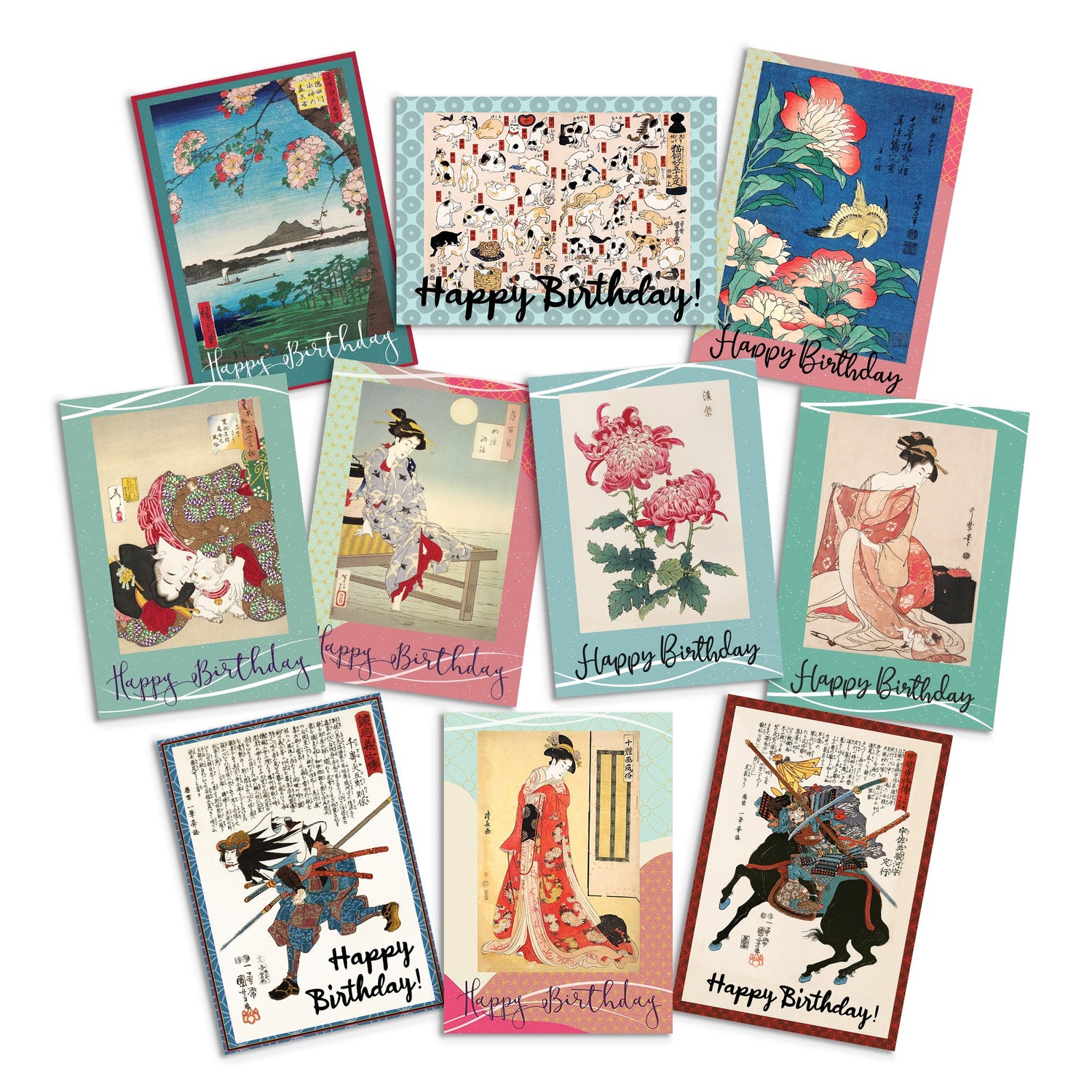 A mixed selection of BIrthday cards featuring Japanese woodblock art 