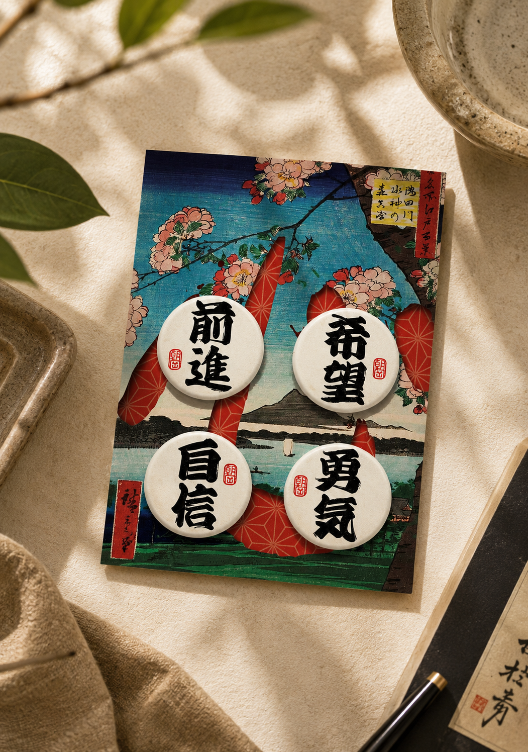 Kokoro Japanese Calligraphy Badge Set | 4 Inspirational Kanji Pin Badges