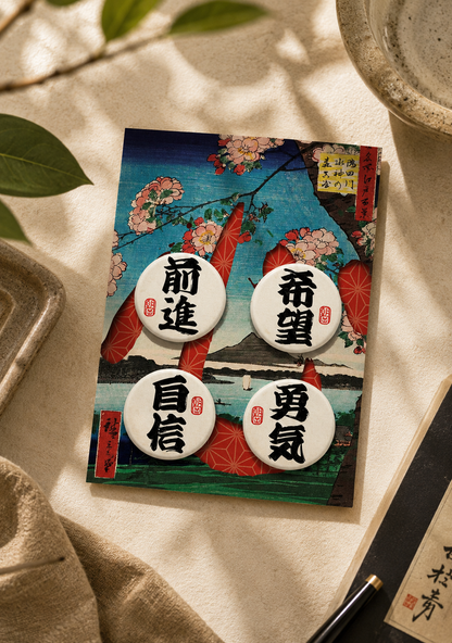 Kokoro Japanese Calligraphy Badge Set | 4 Inspirational Kanji Pin Badges