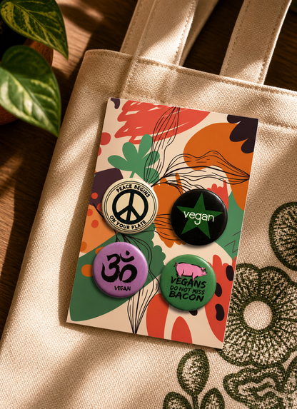 Vegan Pin Badge Set · 4× Retro Vegan Button Badges · Plant Based Designs