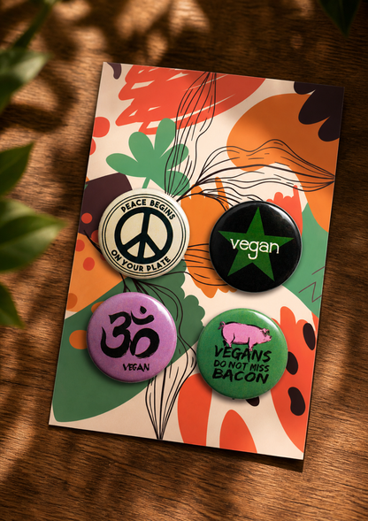 Vegan Pin Badge Set · 4× Retro Vegan Button Badges · Plant Based Designs