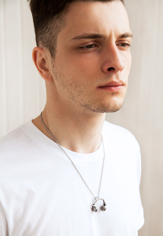 Headphones Pendant Necklace with Ball Chain in Silver Finish Stainless Steel